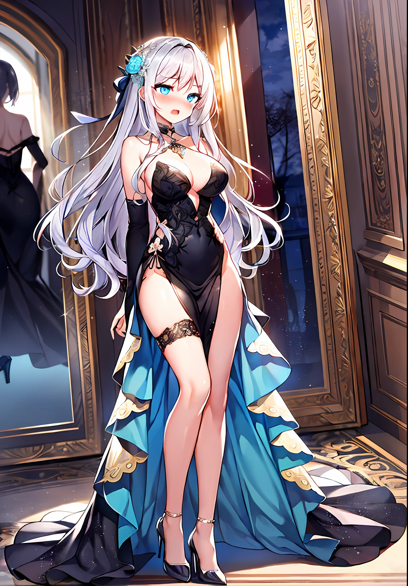 (masterpiece, reflections, atmospheric lighting, dynamic lighting), best quality, 1girl, perfect figure, perfect body, perfect face, dark-silver hair, long luscious curly hair, blue eyes, glowing sky blue eyes, delicate fingers, blushing, shy, embarrassed, lewd, open mouth, void black crown, jewel crown, black dress, strapless dress, slit leg dress, wedding dress, evening dress, lingerie dress, black high heels