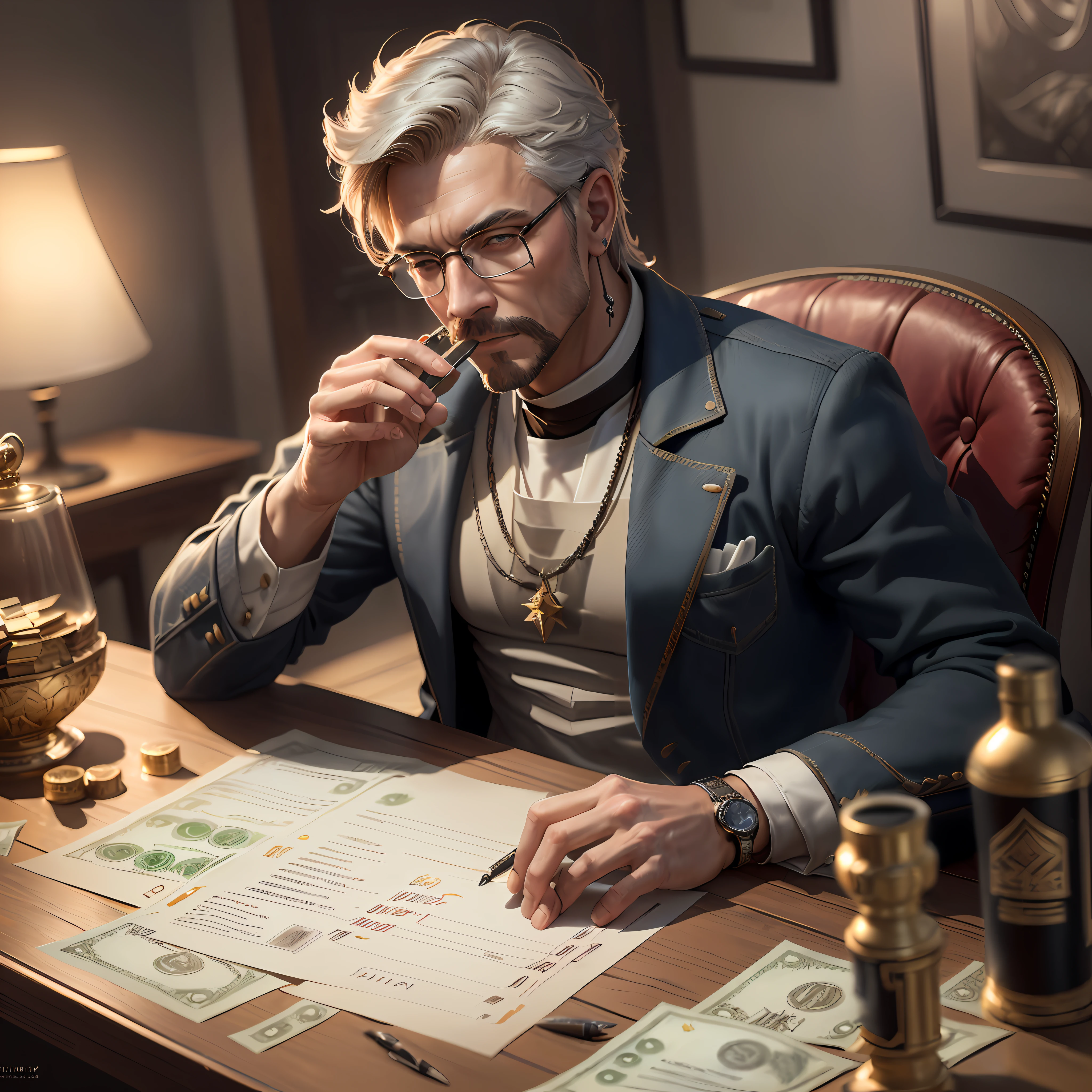 there is a man sitting at a desk with a lot of money, lawther sit at table playing dnd, artstation mans aesthetic, realistic fantasy render, trending on artstation 4k, epic and classy portrait, anton fadeev 8 k, trending on artstation hq, trending in artstation, trending on artstation hd, trending on artstation.'