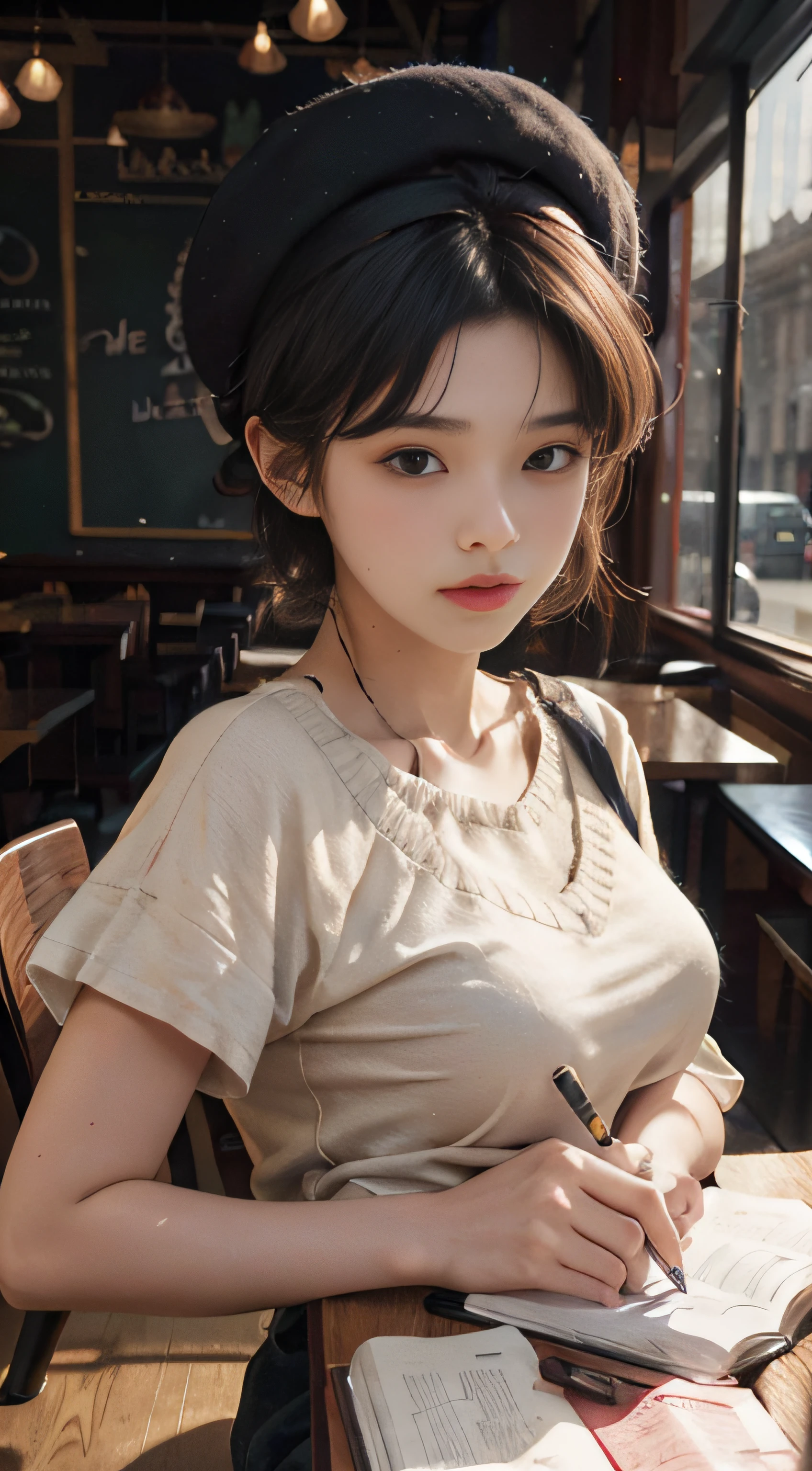 beret, junior high school student with too big, studying in a café, , super breasts, sagging breast, Soft, Sweat, Short hair, knitted V neck