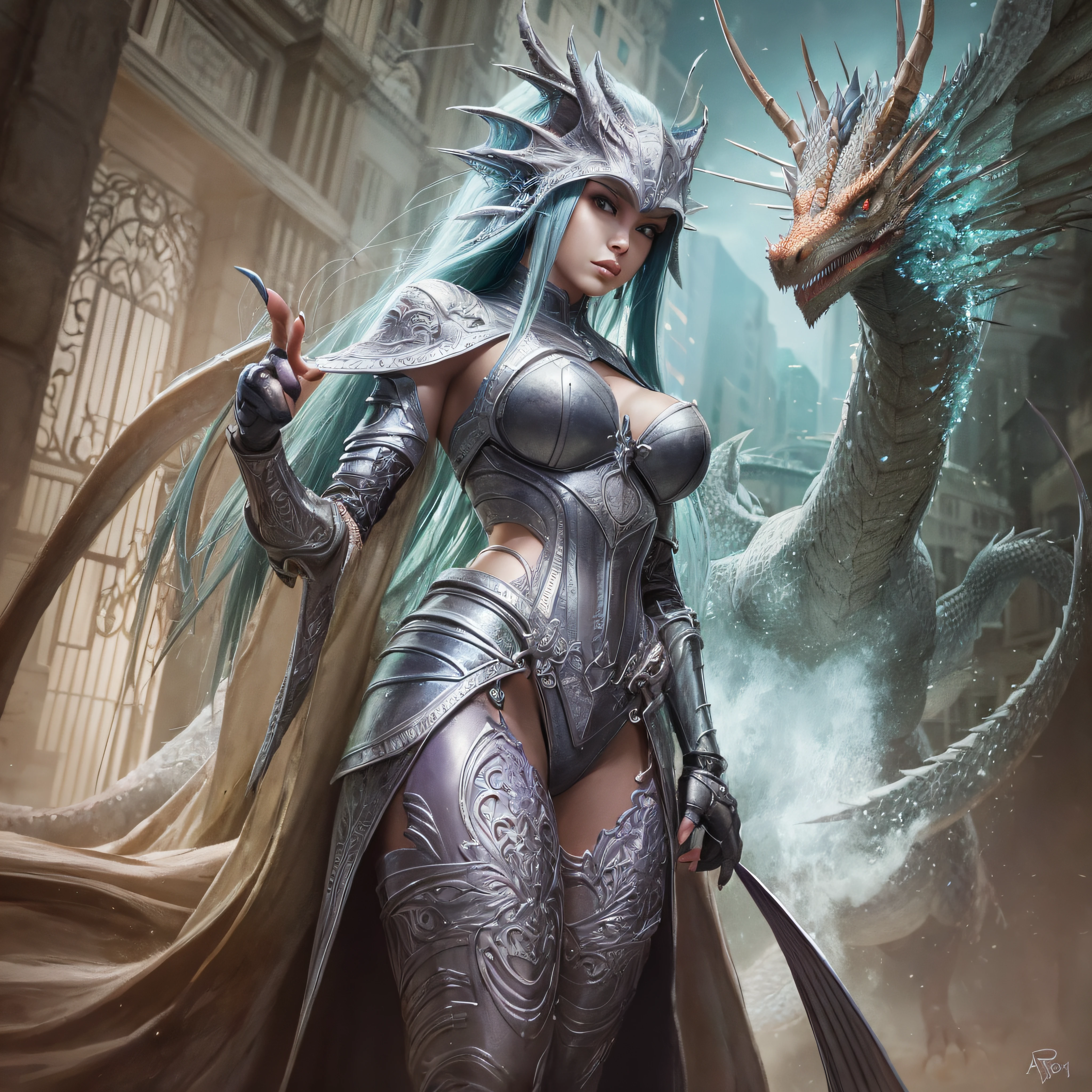 arafed woman in armor with a dragon in a city, tyler edlin fantasy art, wlop and ross tran, artist artgerm i and wlop, concept art | artgerm, wlop and artgerm, aly fell and artgerm, artgerm and wlop, artgerm julie bell beeple