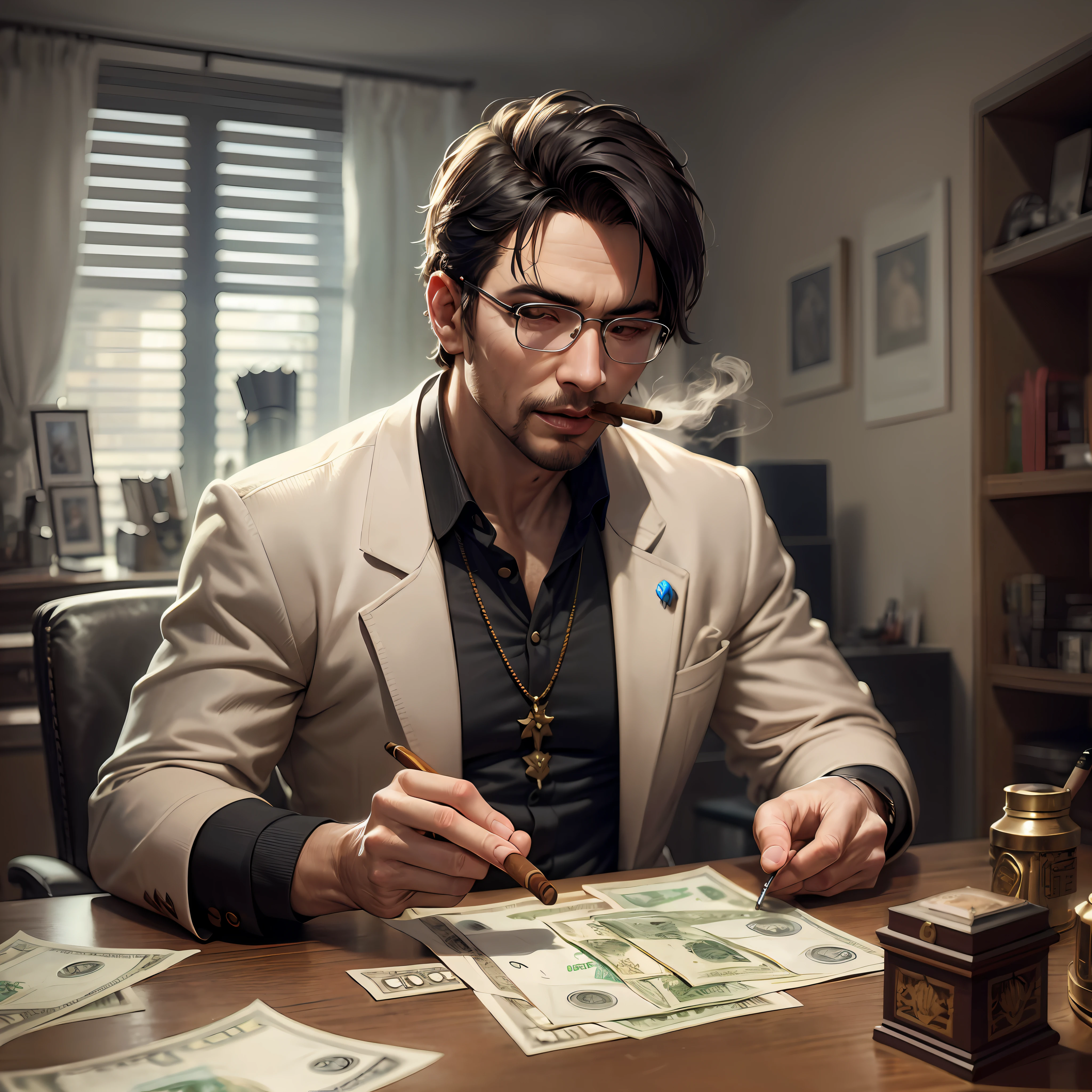 there is a man sitting at a table with money and a cigar, epic and classy portrait, ross tran 8 k, artstation mans aesthetic, realistic fantasy render, guillem h. pongiluppi, anton fadeev 8 k, high quality portrait, brandon woelfel, photorealistic artstyle, drdisrespect posing as napoleon, cyberpunk style ， hyperrealistic