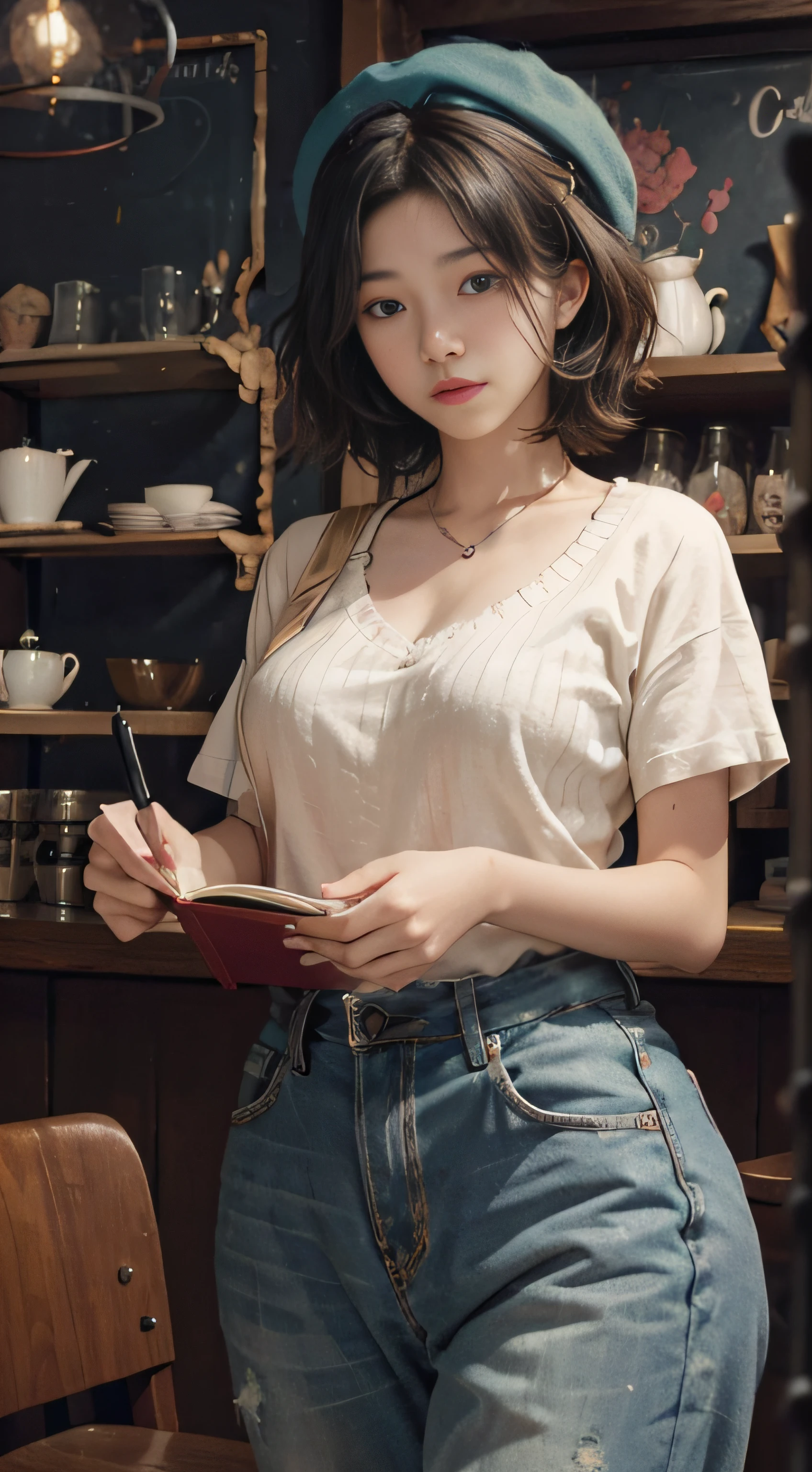beret, junior high school student with too big, studying in a café, 15yo, super breasts, sagging breast, Soft, Sweat, Short hair, knitted V neck