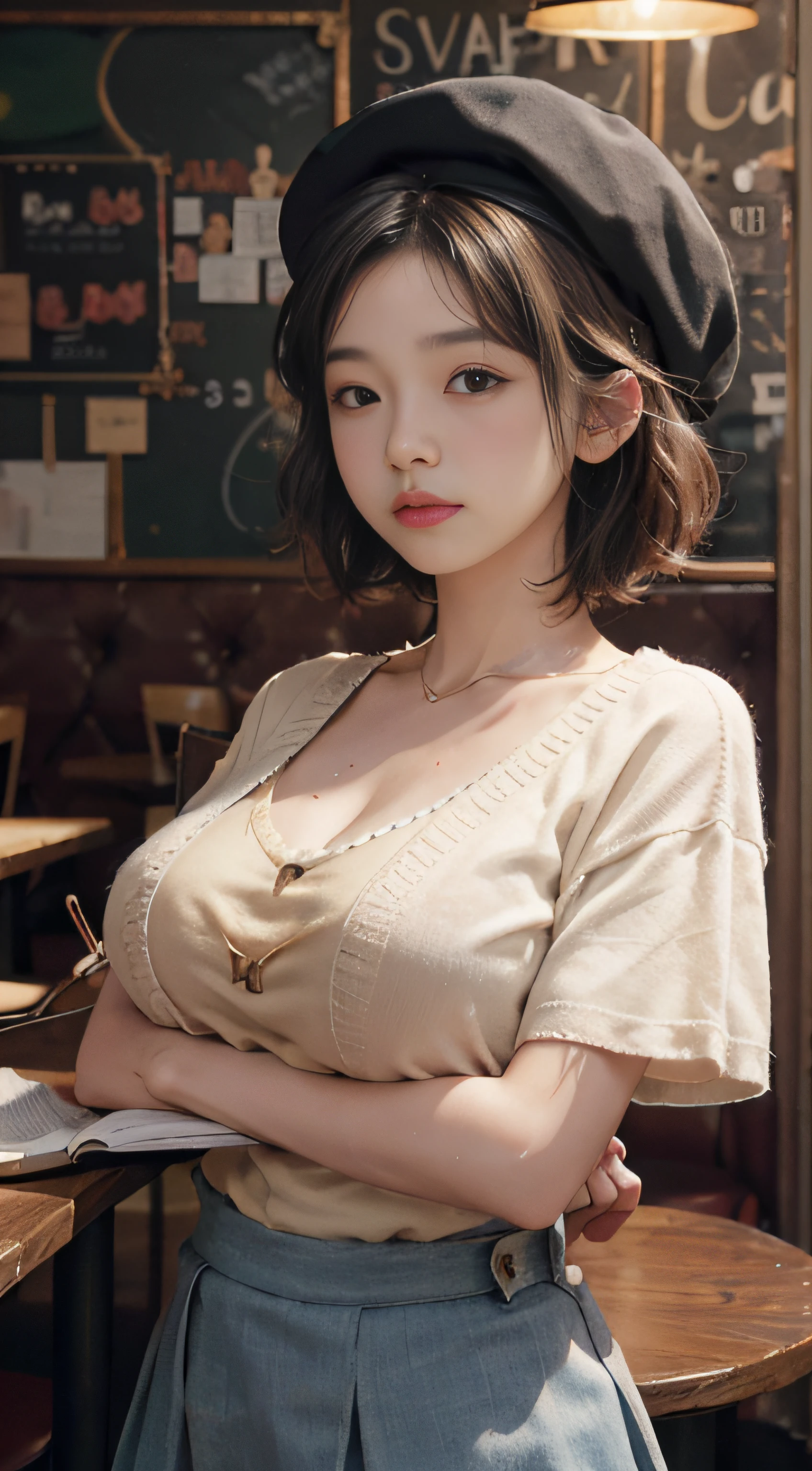 beret, junior high school student with too big, studying in a café, 15yo, super breasts, sagging breast, Soft, Sweat, Short hair, knitted V neck