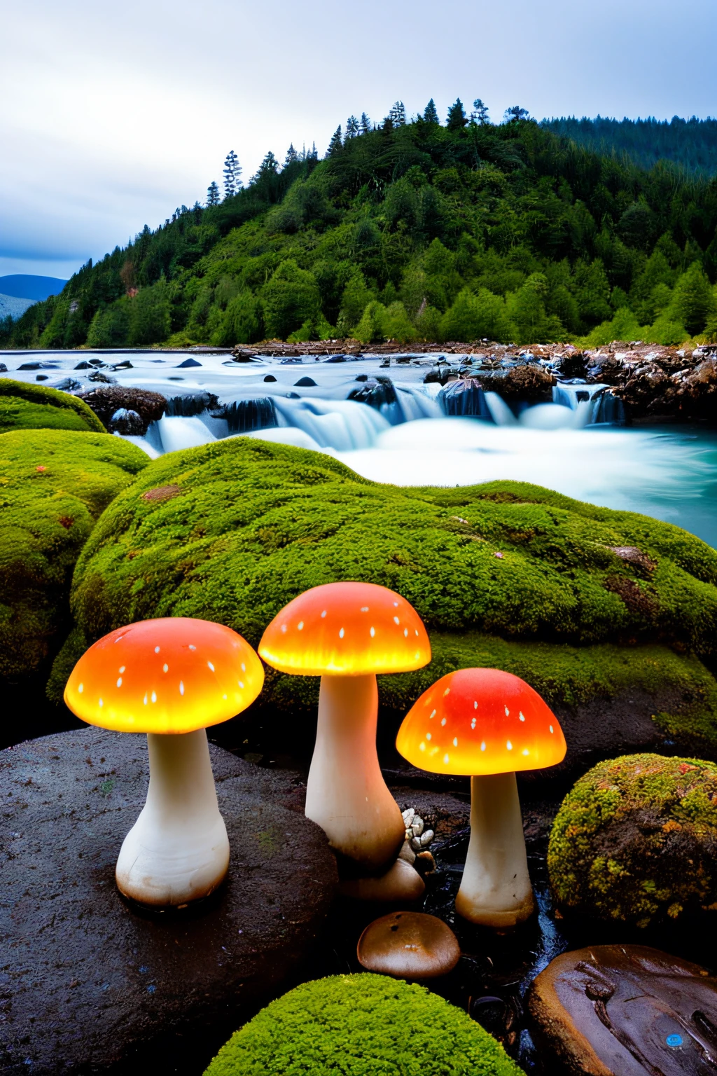 there are many lights on the rocks near the water, magical colors and atmosphere, magical landscape, glowing mushrooms, epic dreamlike fantasy landscape, giant fluorescent fungi, glowing blue mushrooms in mire, magical colors and atmosphere, impressive fantasy landscape, bioluminescent mushrooms, epic and stunning, magical environment, giant mushrooms, alien waterfall, glowing blue mushrooms