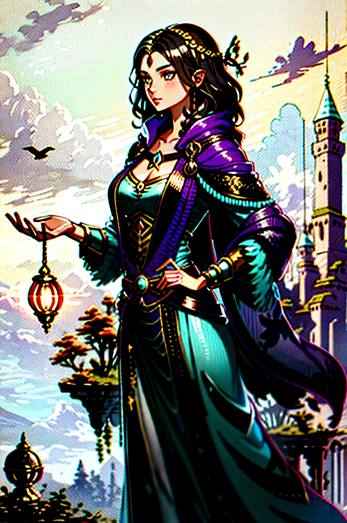 Woman, 20 years old, short wavy dark hair, sorceress of a fantasy adventure