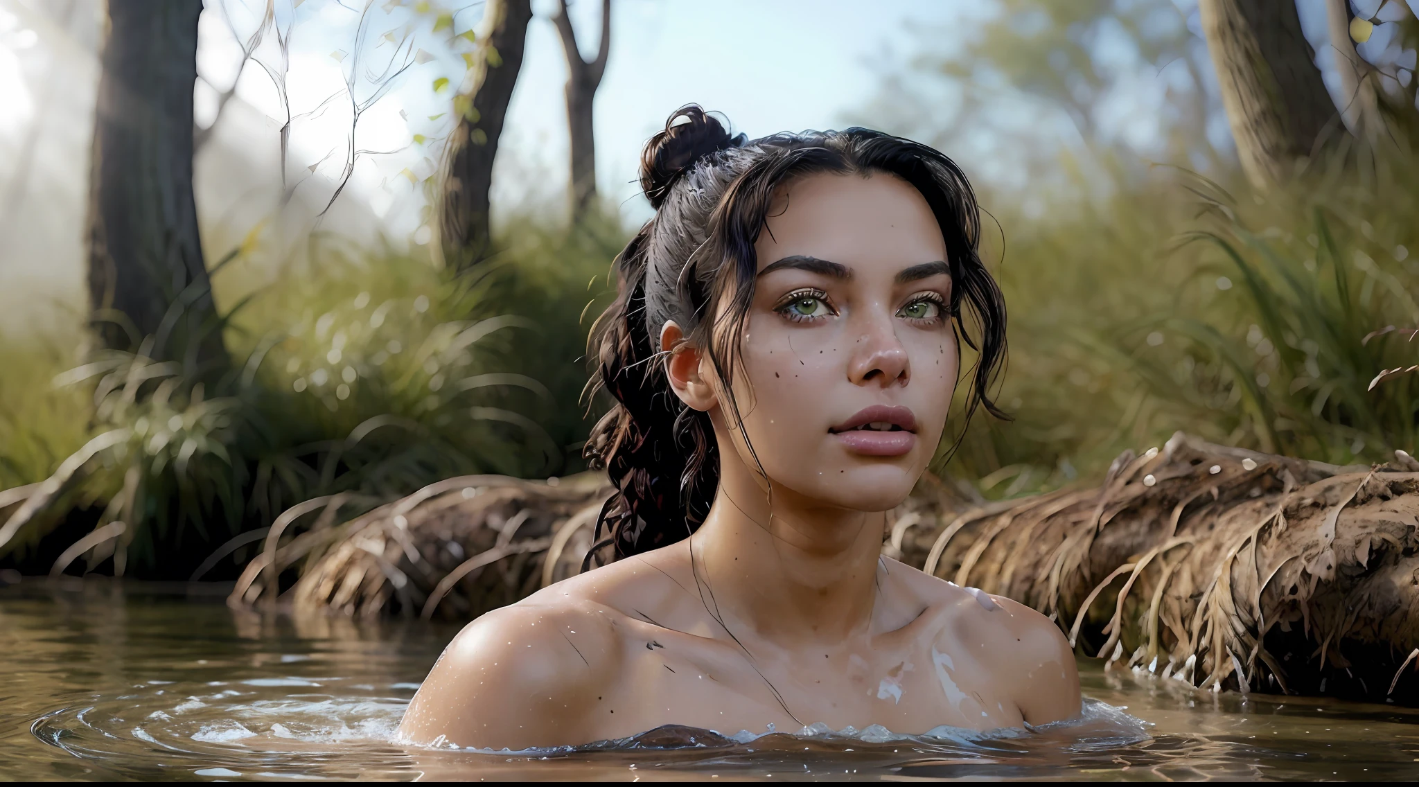 portrait of a Brazilian Indigenous woman, sunburnt ebony skin, long light curly hair, wavy at the height of the back, green eyes, fluffy turned, ((big cheeks)), bathing in the natural, naked in a deep river and transparent waters, only with the head and neck out of the water, between reeds, fair skin with a slight tan mark, highly detailed glossy eyes, high detailed skin, skin pores, asymmetrical breasts, hard tips, half of the tits out of the water, (backlit), realistic, masterpiece, high quality, brightness, shadow, flower, digital painting, 18 years old, tangled hair, messy hair, ebony lips, 8k uhd, forest, sand on the bank, river, wood, smoke, shadows, contrast, clear sky, style, (warm hue, warm tone), analog style (look at viewer:1.2) (skin texture), close up, cinematic light, sidelighting, Fujiflim XT3, DSLR, 50mm, topless woman, puffies, dark mysterious forest, thick fog, menacing eyes, long hair, blunt bangs, hair bun, twintails, double bun, sidelocks, clothed bathing, girl floating above the water,