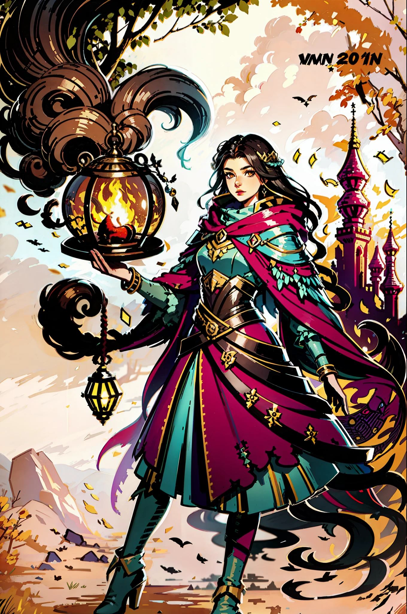 Woman, 20 years old, short wavy dark hair, sorceress of a fantasy adventure