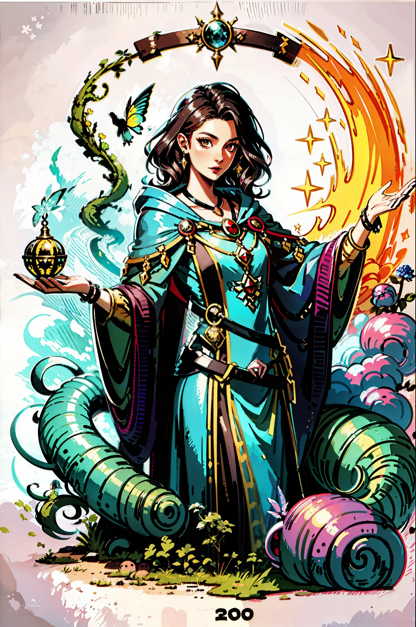 Woman, 20 years old, short wavy dark hair, sorceress of a fantasy adventure