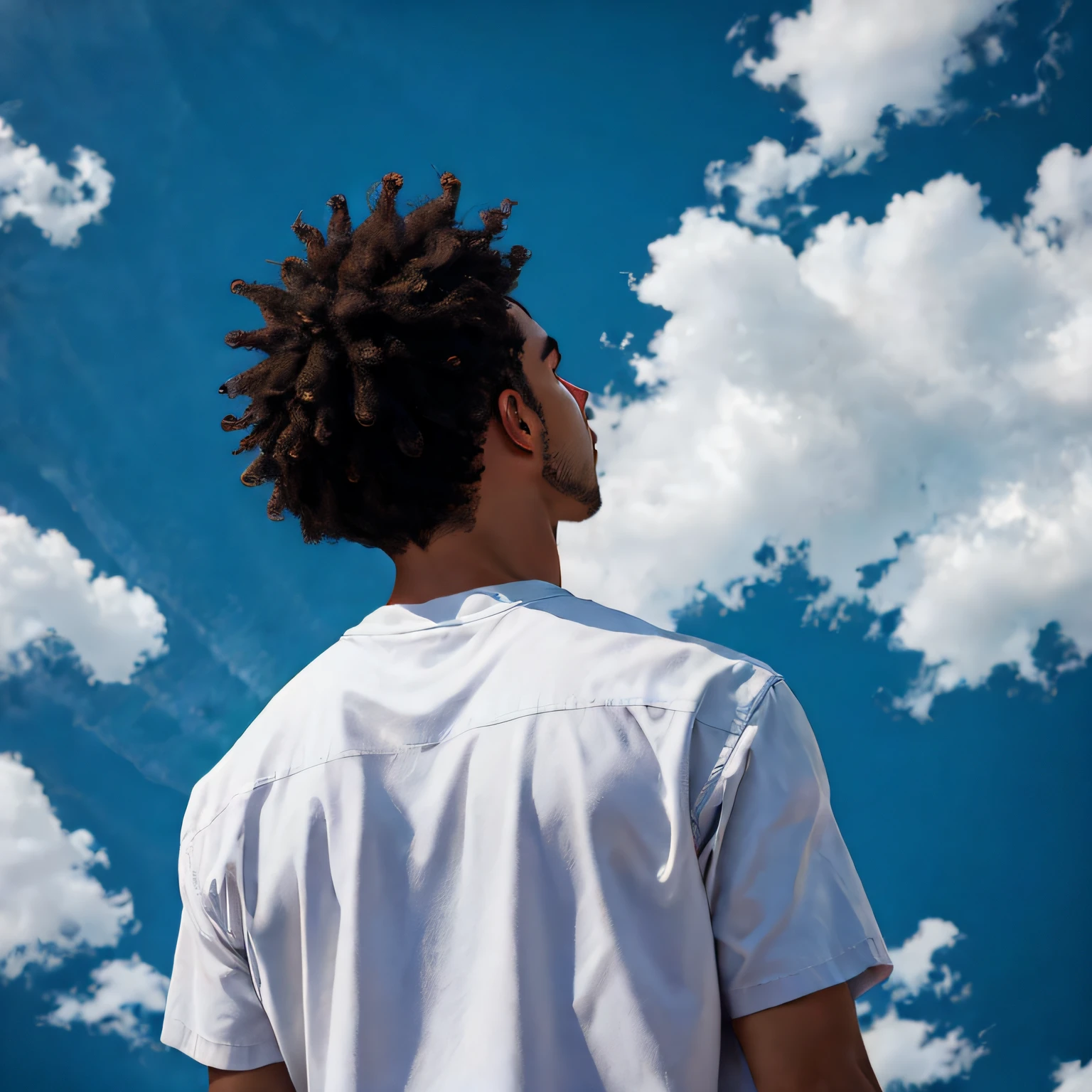 there is a man that is standing in the sky with a frisbee, looking up to the sky, men look up at the sky, looking at the sky, olhando para longe, looking into distance, homem negro de toca , Olhando para o horizonte, looking up to the sky, olhando para cima, low - angle shot from behind