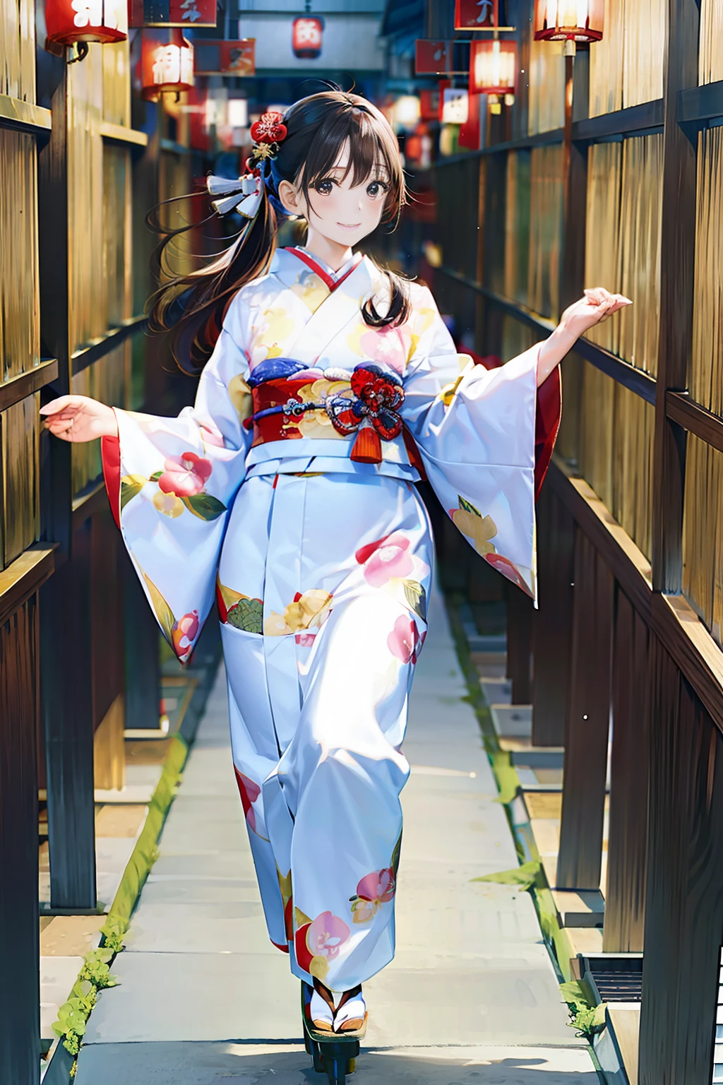 1woman, Japanese, (beautiful:1), kimono, walking, jumping, Kyoto, masterpiece, 8K