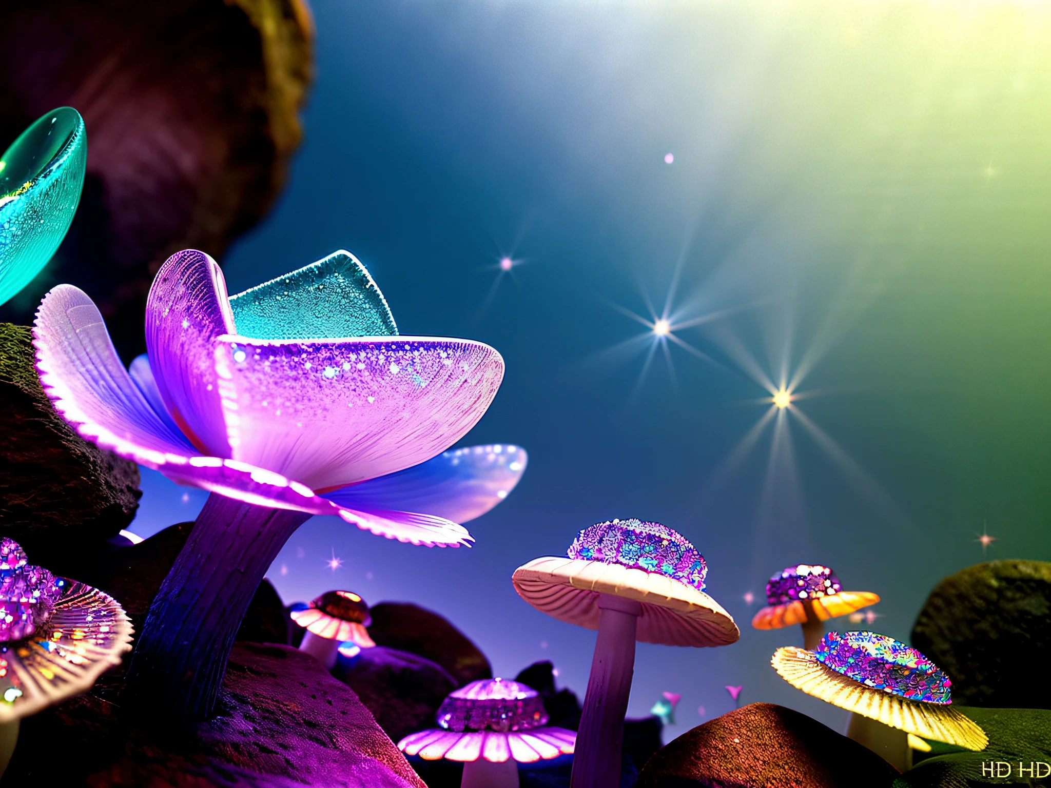 ((Skyrim view)), (opalescent), (Photoluminescence), ((blooming flowers)), ((glowing mushrooms)), fantasy, Cinematic RAW photo, hyper real photo, ultrarealistic, 8k uhd, dslr, soft lighting, high quality, film grain, Fujifilm XT3, photographed on a Kodak Retina II Sanyo Xacti VPC-CA6, 50mm lens, Wide Angle, HDR, (hyper-realistic), colorgraded, volumetric lighting, [volumetric fog, moist], shallow depth of field, reflections, photo, sparkling splashing rainbows, glistening, (iridescent), glowing, glimmering, shimmering, dripping, (((crystals growing))), (((secret treasure))), misty, (mystical), enchanting, glittering, ((((masterpiece)))), ((((best quality)))), (detailed) ((8k)) ((HDR) ((HD))) (wallpaper) (cinematic lighting) (sharp focus) (intricate), trail, explore, (clear), moon rays, flickering lights, (fairy homes), Sunrays shine, (gems), agates, (hearts), peaceful, magical, in focus, tranquil, diamonds, emeralds, rubies, opals, sapphires, amethysts, (Cascades background),