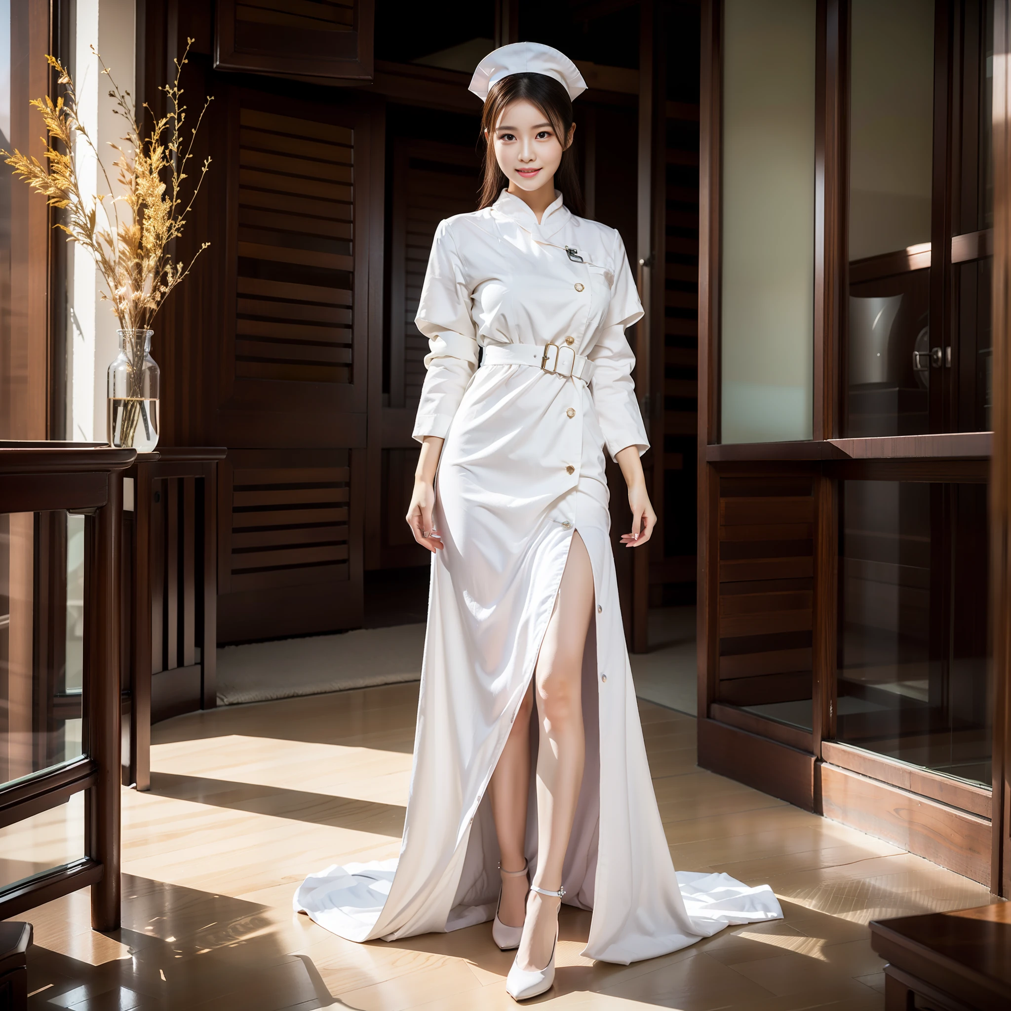 Full body photo,leggy,thin waists,(RAW photos,best qualitiy),杰作,20years old,Chinese nurse,Cutes,(shooting full body:1.8),(((White in color))) The nurse's uniform is smooth、 Nurse hat、 stethoscope, leggy,thin waists,best qualitiy,(exquisite detailing),high resolusion,Extremely-Detailed,(solo focus),(Nurse's uniform)Super realistic detailed clothing features,(Nurse hat),Concentrate on the infusion,Outpatient infusion hall,Peaceful interior, Smile with, Double eyelid,2 0 years old female model,Beautiful Chinese woman,perfectbody,medium boobs,thin waists,beauty legs,Slim,high-definition,16k,Small round face:1.0,Realistic and perfect face and skin,Detailed beautiful eyes,Double eyelid,long eyelash,Swollen eyes,Realistic face and eyes,Facial light,Super detailed facial details,Gloss on lips,Blushlush:1.0,The skin is white and shiny:1.2,Extensive illumination,naturalshading,shooting full body:1.8