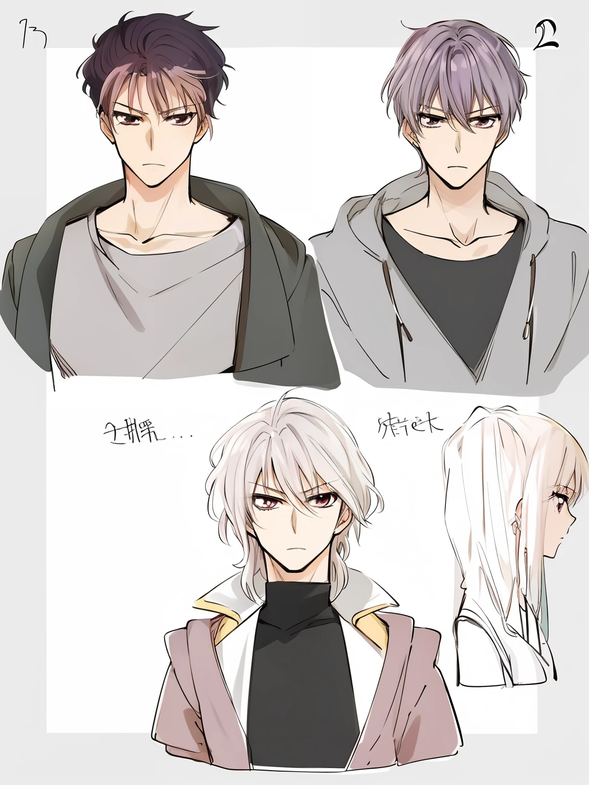 a drawing of two different anime characters with different hair colors, Male anime style, he has dark grey hairs, anime style character, subtle anime style, Anime character design, 2 0 2 2 anime style, 2022 anime style, some grey hair, [ Character design ], in an anime style, style of anime, In anime style, anime style only，Persona diagram，Character setting