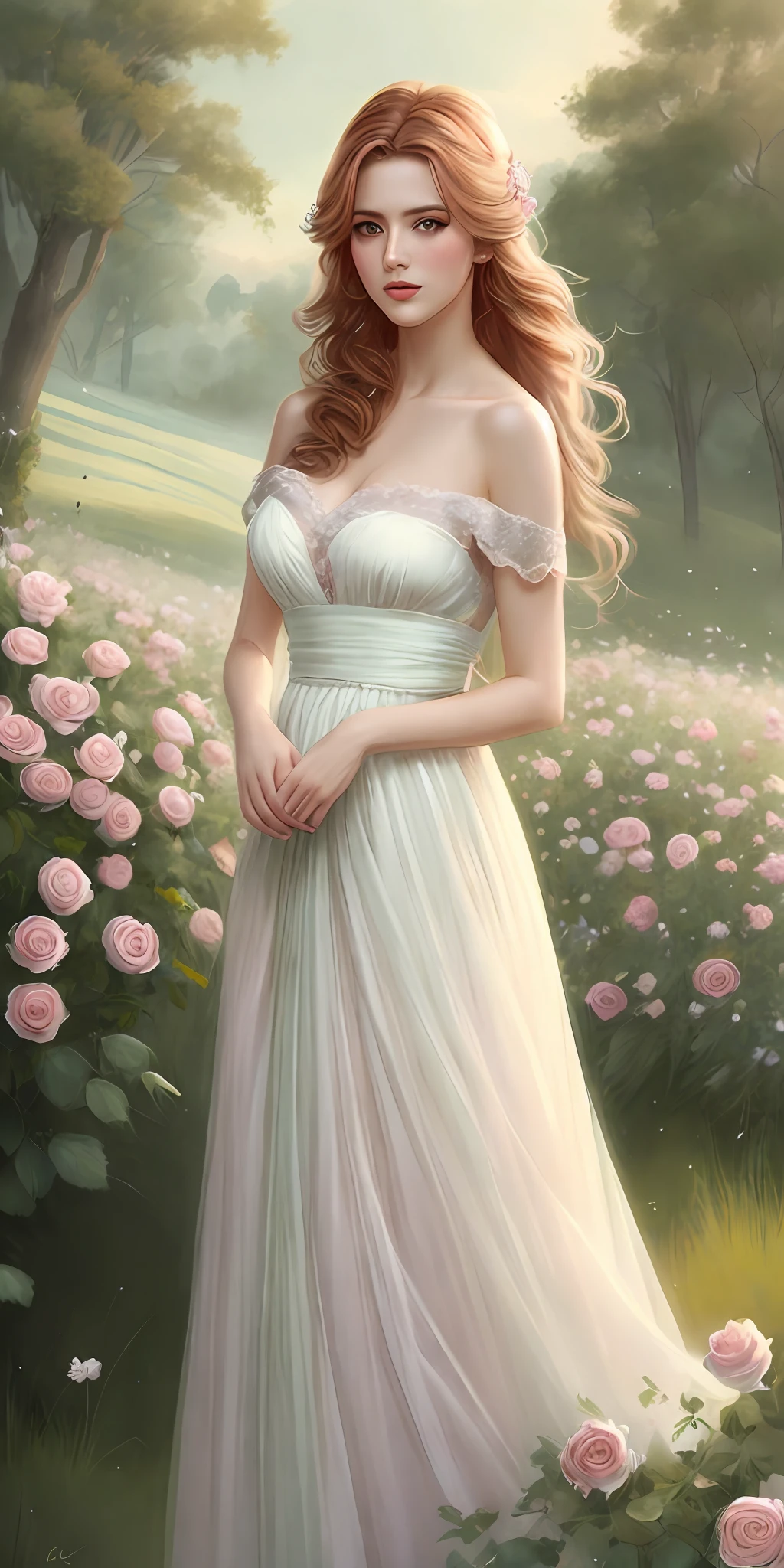 Una pintura de una mujer con un vestido blanco transparente rodeado de rosas rosadas, inspirado por Cynthia Sheppard, Una diosa en un campo de flores, beautiful fantasy painting, romanticism art style, hermosa doncella, beautiful fantasy art, beautiful fantasy maiden, por Cynthia Sheppard, Diosa de las flores, realistic fantasy painting, Rob Rey, breathtaking fantasy art, fantasy victorian art, Arte WLOP