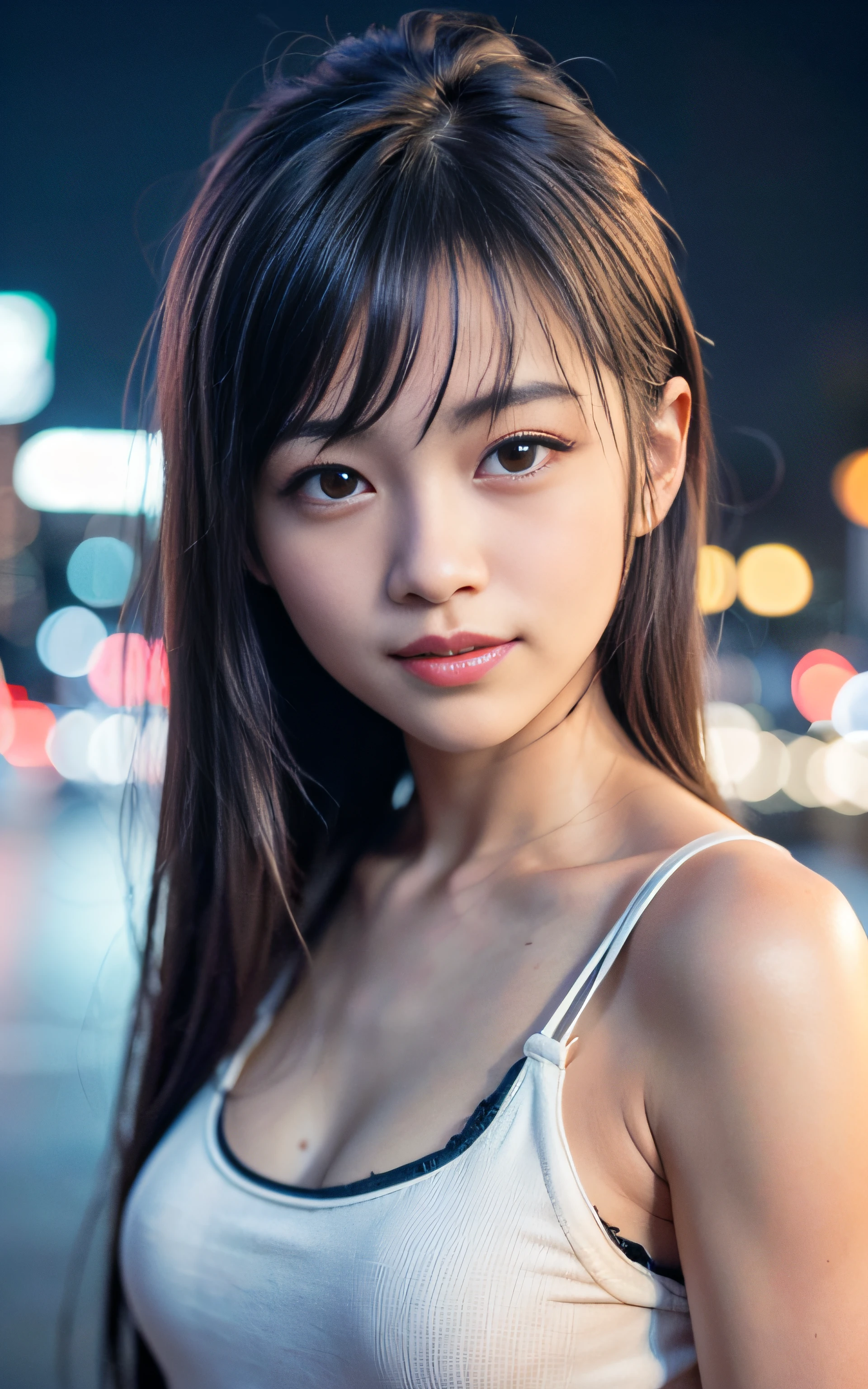 1girl, Tokyo street,night, cityscape,city lights,upper body,close-up,smile,, (8k, RAW photo, best quality, masterpiece:1.2),(realistic, photo-realistic:1.37),