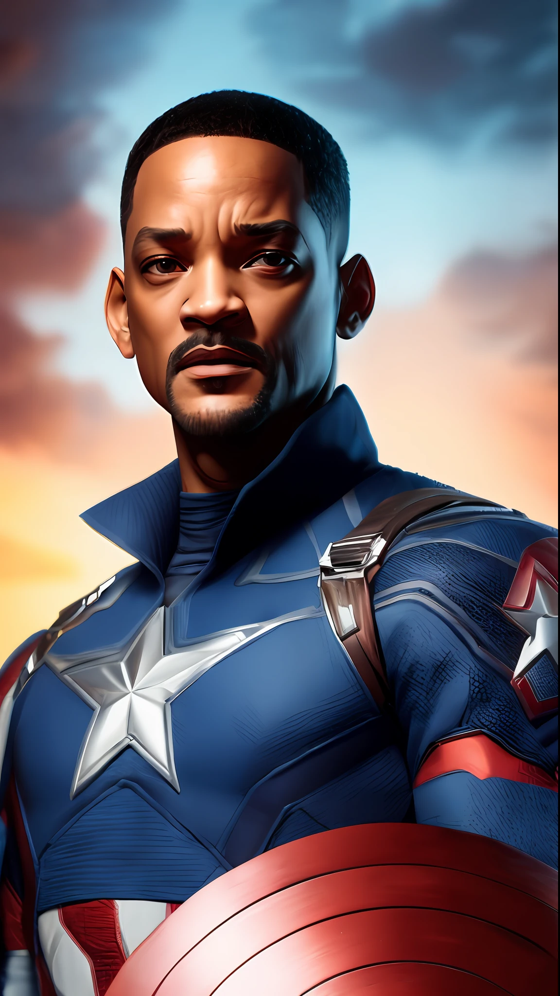 . Tarantino style Will Smith as Captain America 8k, high definition, detailed face, detailed face, detailed eyes, detailed suit, in style of marvel and dc, hyper-realistic, + cinematic shot + dynamic composition, incredibly detailed, sharpen, details + superb details + evening with light + perfectionism + award winning realism ((moody lighting))