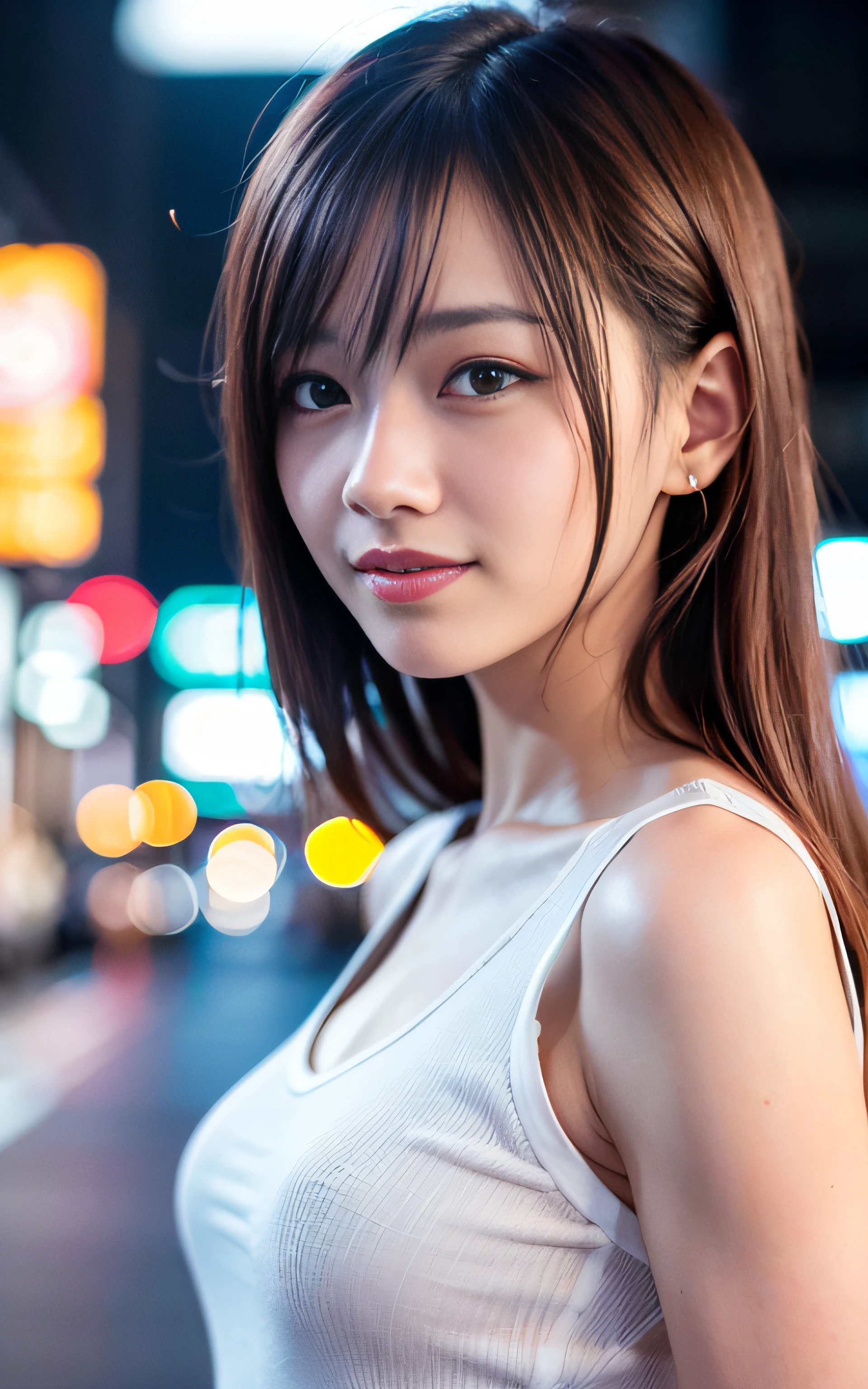 1girl, Tokyo street,night, cityscape,city lights,upper body,close-up,smile,, (8k, RAW photo, best quality, masterpiece:1.2),(realistic, photo-realistic:1.37),