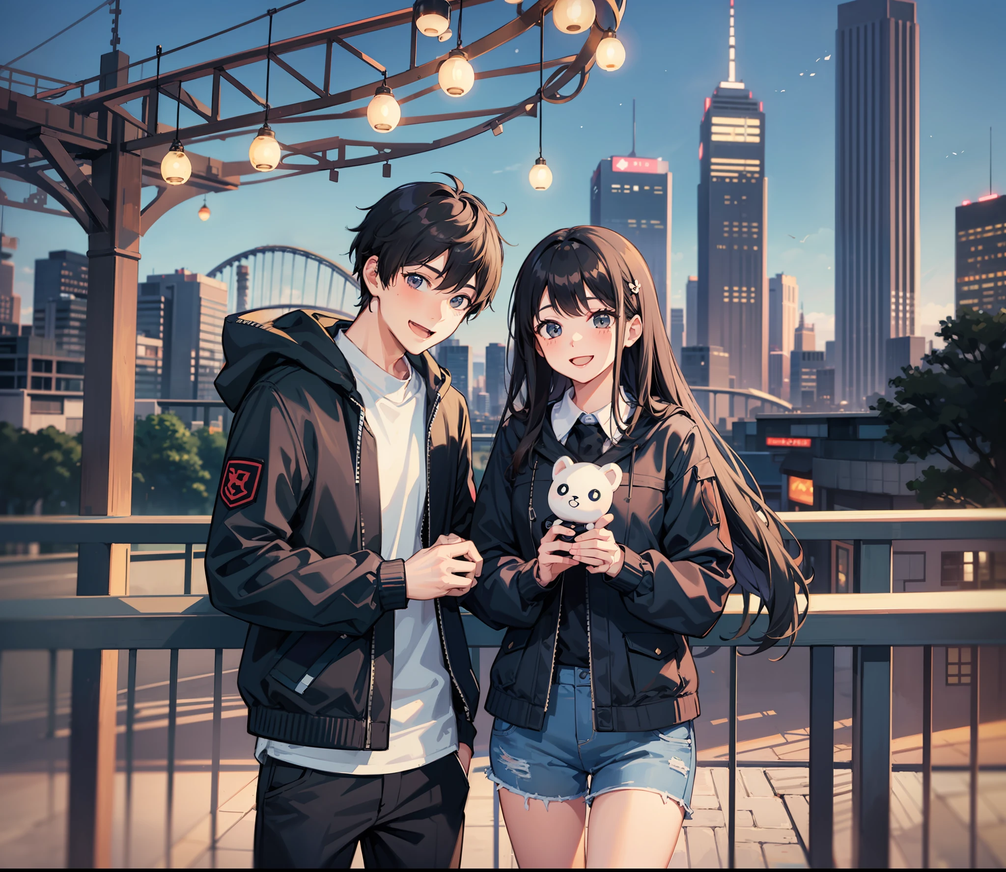 a couple, 1boy, 1 girl, date, having a date in a theme park, theme park, smile, laugh, romantic atmosphere, plushie, bring plushie, bring a doll, landscape