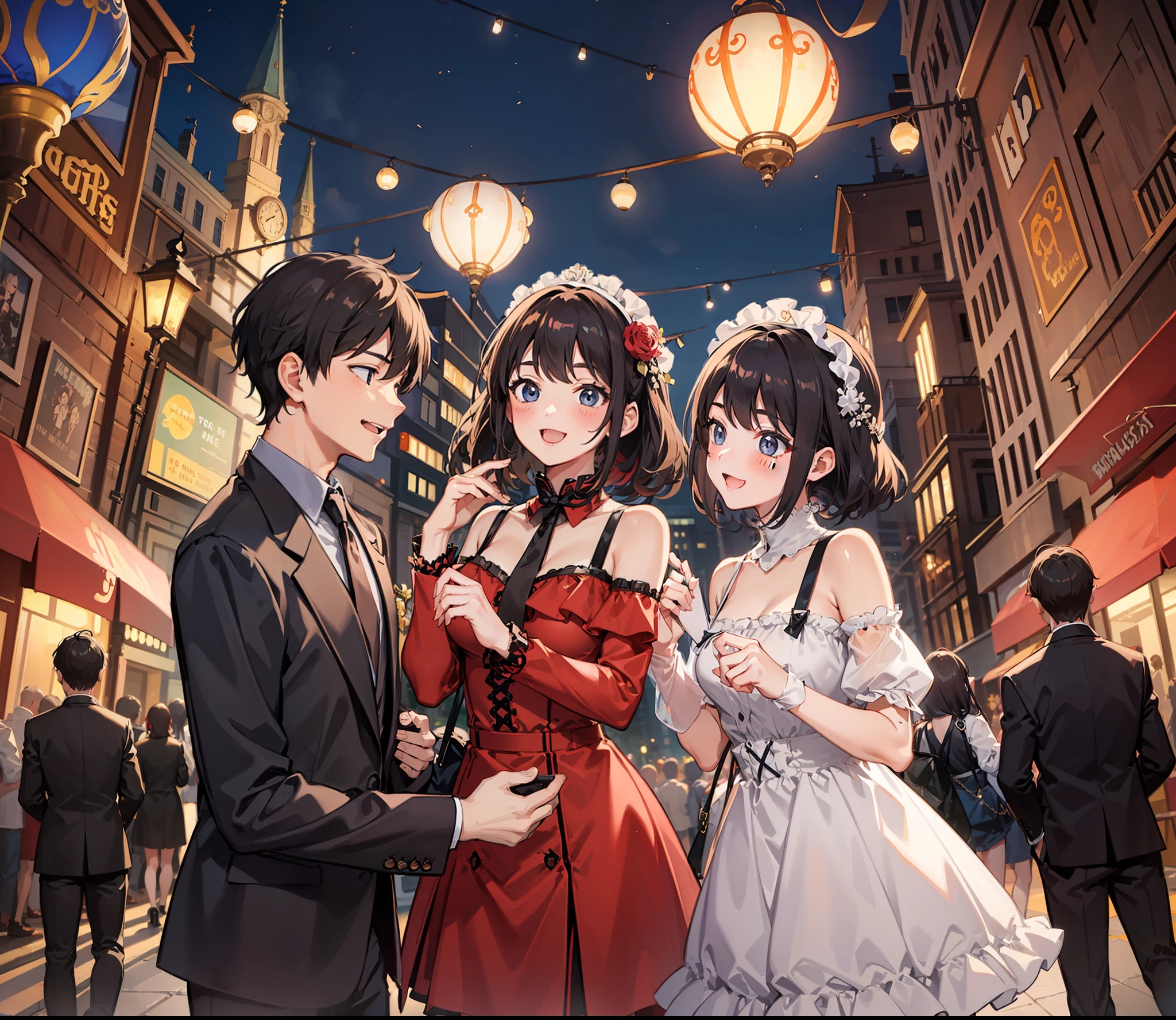a couple, 1boy, 1 girl, date, having a date in a theme park, theme park, smile, laugh, romantic atmosphere, plushie, bring plushie, bring a doll, landscape