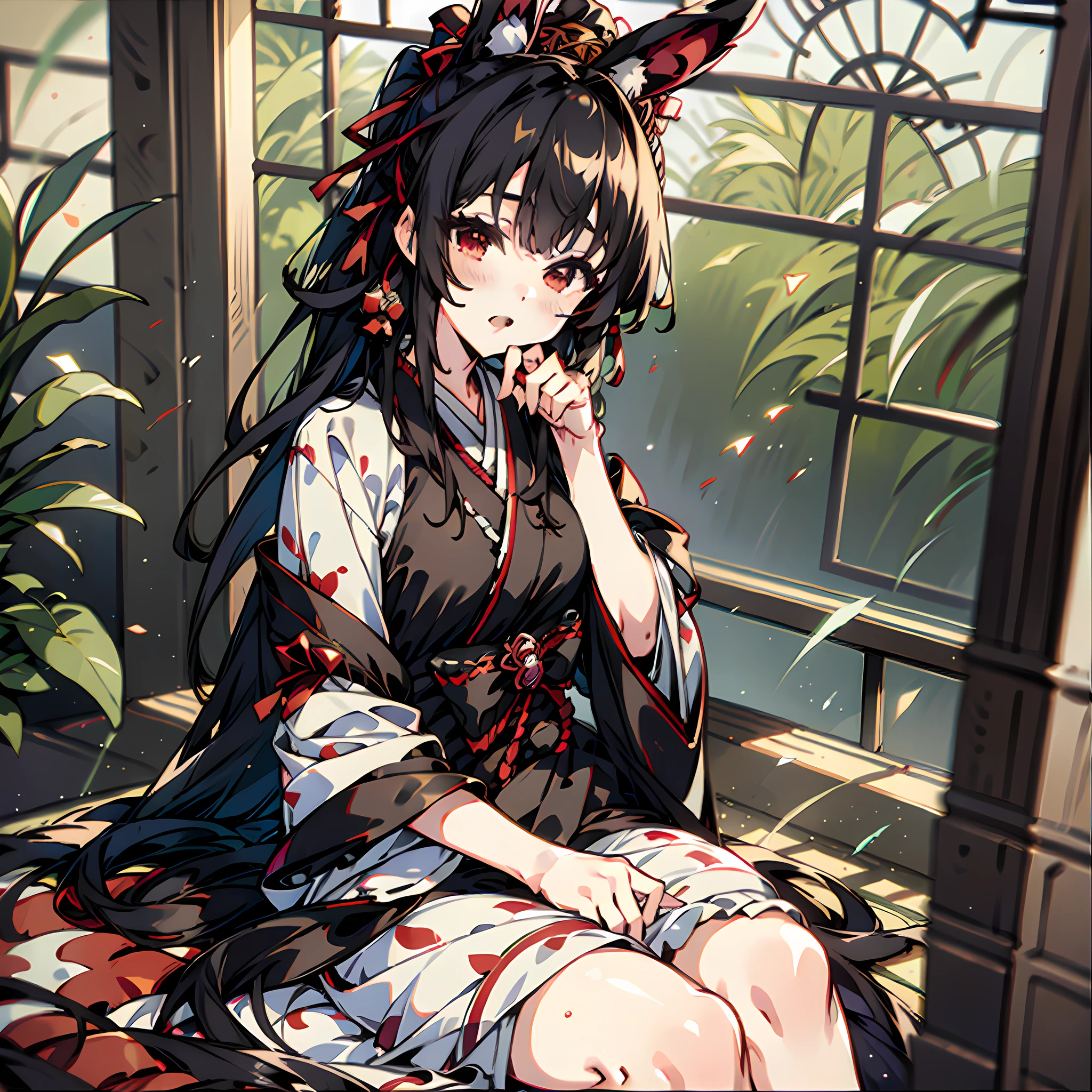 There was a woman sitting on the windowsill，Wearing rabbit ears, Anime girl cosplay, ayaka cosplay, Anime cosplay, goddess of Japan, in kimono, seductive anime girls, Anime girl in real life, elegant glamourous cosplay, cosplay photo, beautiful and seductive anime woman, anime goddess, in a kimono, belle delphine, royal palace ， A girl in Hanfu, cosplay