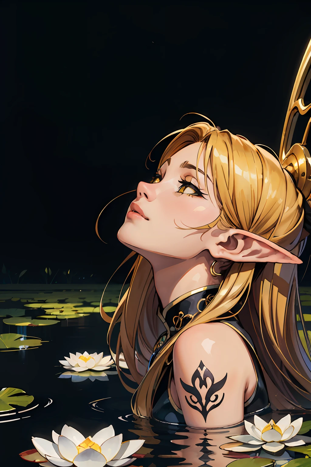 ATTENTION - THIS IS THE ONLY PICTURE GENERATED WITH A IMG2IMG TECHNIQUE, ITS SETTINGS WILL BRING TO DIFFERENT RESULTS.
(artworks:1.2),( lineart:1.33),(lineart:1.33),young,1girls,Portrait of female elf girl in lotus pond, ancient Chinese princess in lotus pond, (Elegance and seduction:1.2), Tilt your head sideways,Close-up,Imposing long black gilt hair,(hyperdefined),(inked-art),golden, Yellow and black, Golden-black hue,cartoon,celtic gothic aesthetic,complex lighting,(flat saturated bright colors),(ultradetailed:1.2),absurdly, (atmosphere), cinematiccomposition, Fine details, Perspective, (Close-up:1.2), watercolor abstract background, (sport:1.2)