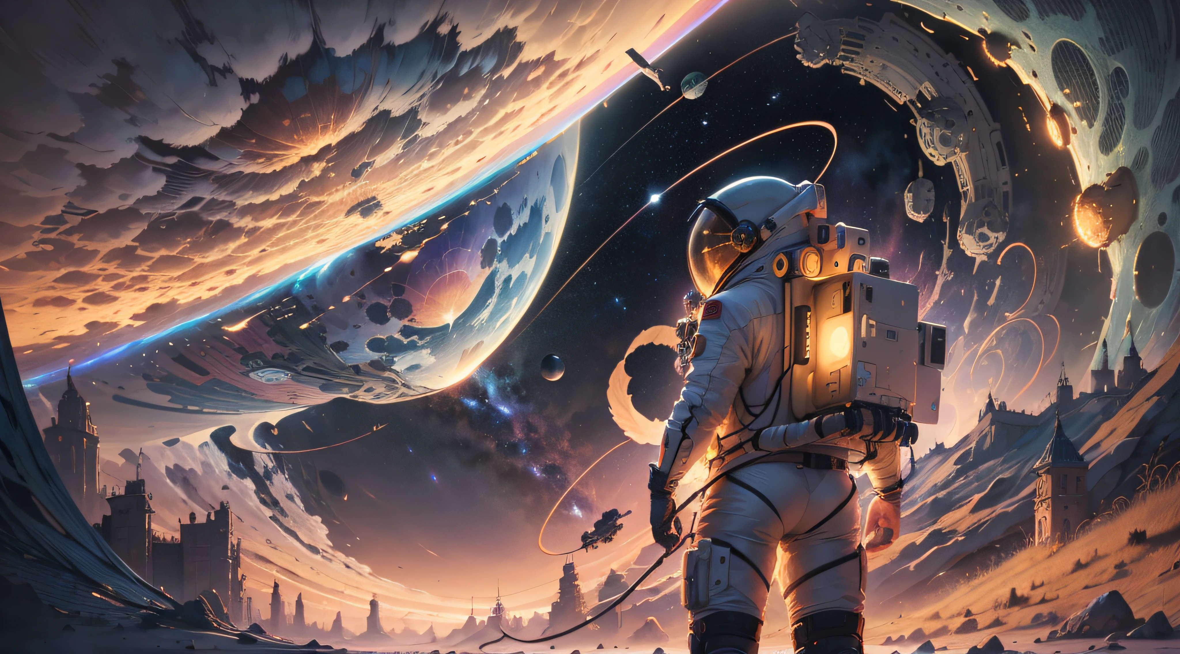 ((Masterpiece)), (Best Quality)), 8K, high detail, hyper-detail, the painting depicts a scene of breathtaking magnificent spatial images. The picture shows a man wearing a spacesuit, facing back, looking at a red glowing planet in space. The scenes are extremely detailed and the clarity is extraordinary, capturing every intricate detail of the panorama.