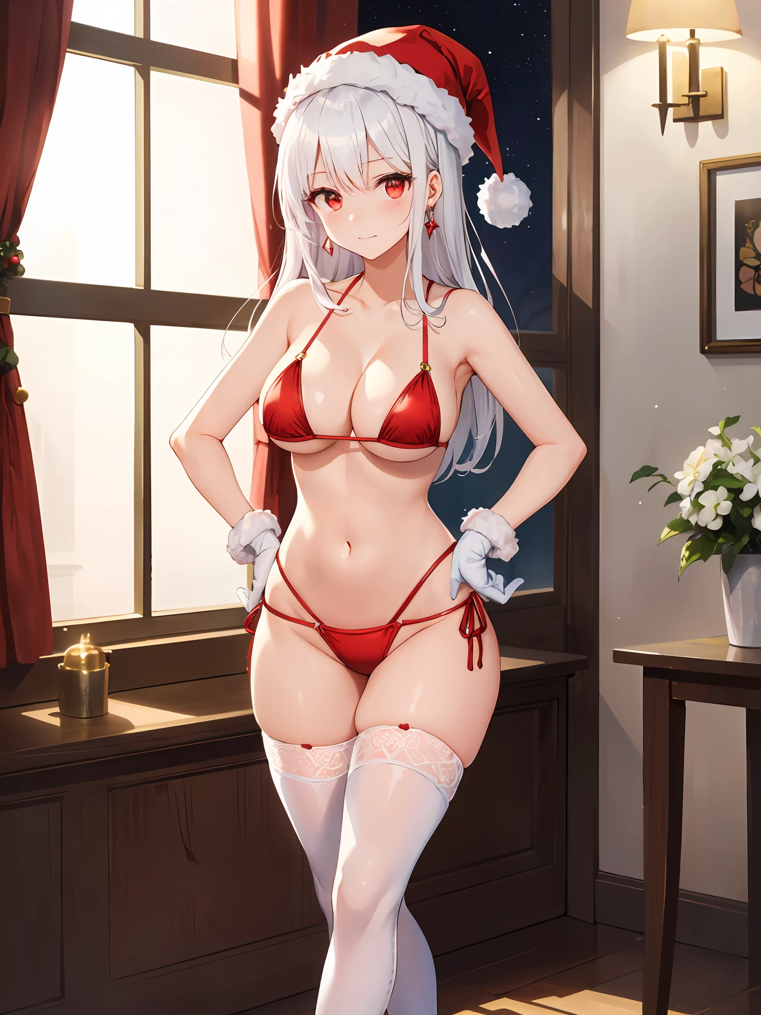 (masterspiece)、(beste Quality)、small details、1girls、(White hair)、(a beautifulchi girl)、a Pretty、(red-eyed)、((eyelash))、gigant breasts、(cleavage breasts)、abajour、Window、Night、Delicate interior design、white knee-socks、garterbelts、((Red Micro Bikini))、White long gloves、lingeries、Longhaire、corset、(Hanging)、ear ring、Character Center、The body is warped、Kamimei、You can see the panties、No highlights、((Boob emphasis))、see- through、No eye highlights、knee-high boots、shy、blushes、sweats、((Slouching))、big buttocks、Santa's Hat
