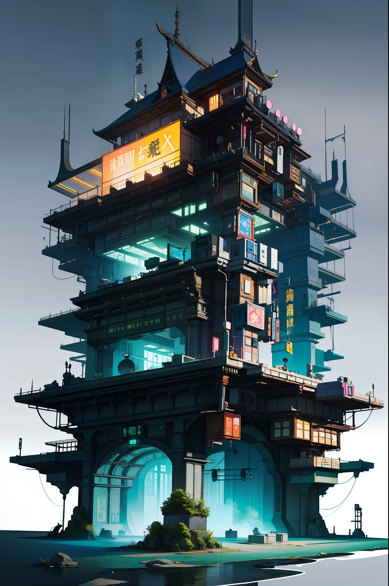 Game Academy，Ethno-style architecture，Ancient Chinese，Structurally sound、high-definition details，Science fiction，neon lit，The cyberpunk，Exaggerated particle effects，perfect works，White background，（杰作，premier quality，best qualitiy，officlal art，Beauty and aesthetics：1.2），（8K，best qualitiy，杰作：1.2）