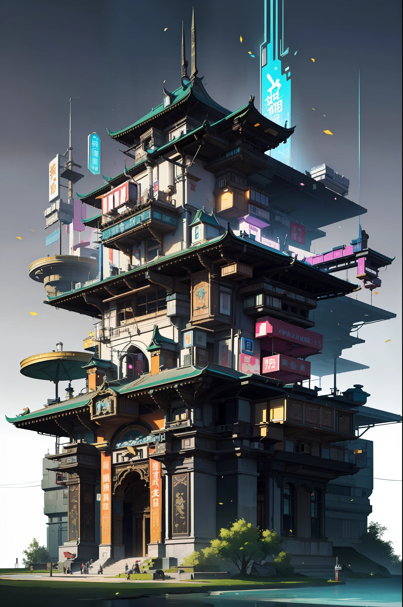 Game Academy,Ethno-style architecture,Ancient Chinese,Structurally sound、high-definition details,Science fiction,neon lit,The cyberpunk,Exaggerated particle effects,perfect works,White background,(杰作,premier quality,best qualitiy,officlal art,Beauty and aesthetics:1.2),(8K,best qualitiy,杰作:1.2)