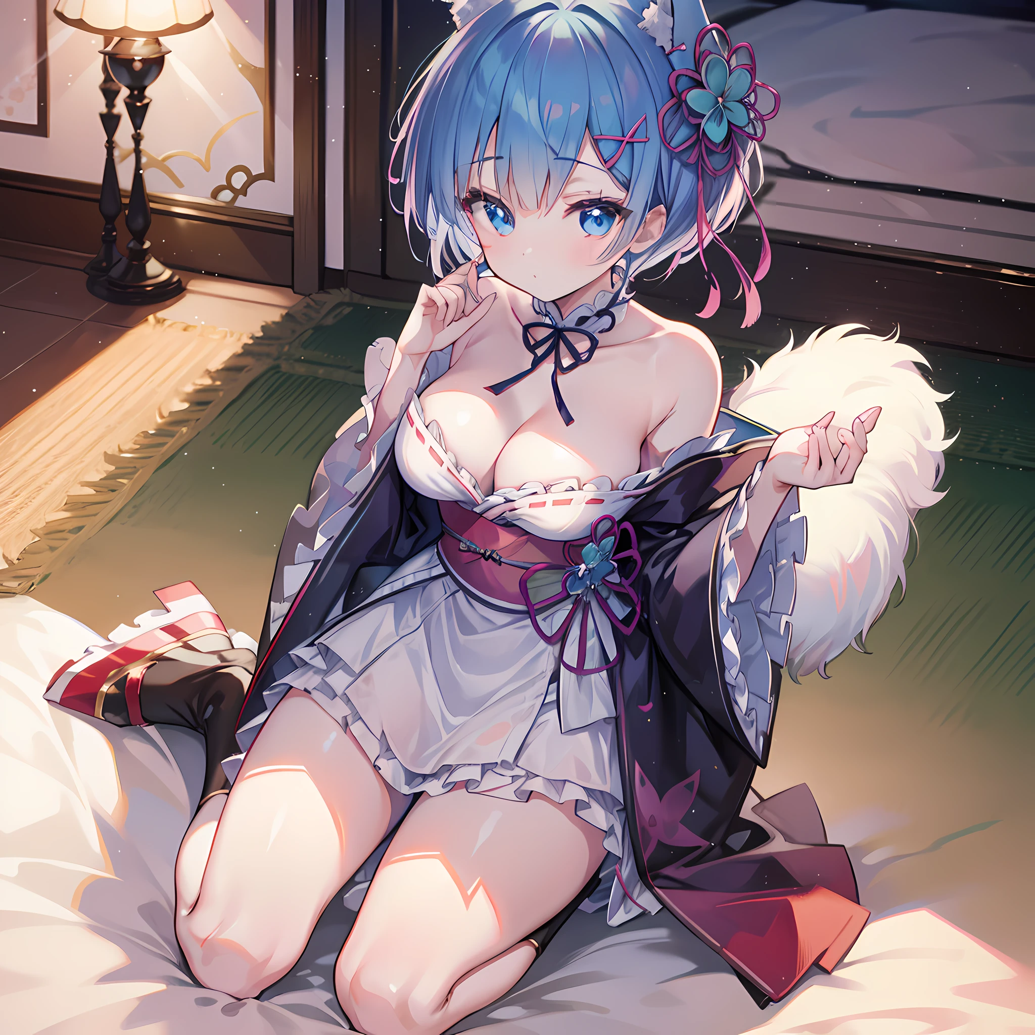 There was a woman sitting on the windowsill,Wearing rabbit ears, Anime girl cosplay, ayaka cosplay, Anime cosplay, goddess of Japan, in kimono, seductive anime girls, Anime girl in real life, elegant glamourous cosplay, cosplay photo, beautiful and seductive anime woman, anime goddess, in a kimono, belle delphine, royal palace , A girl in Hanfu, cosplay