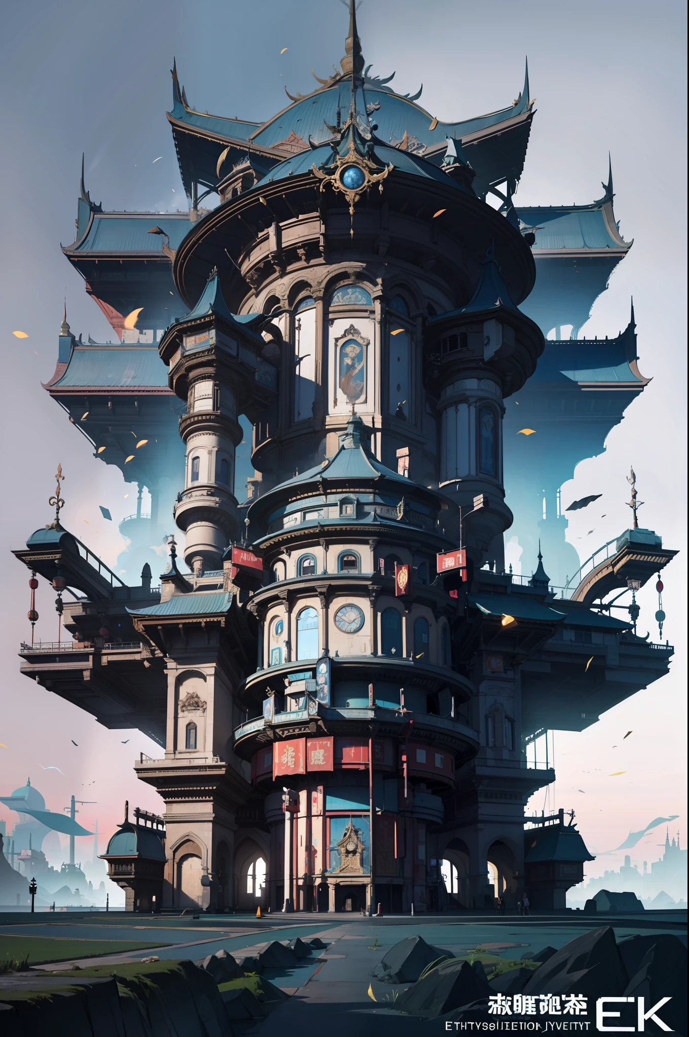 Game Academy，Ethno-style architecture，Ancient Chinese，Structurally sound、high-definition details，Science fiction，neon lit，The cyberpunk，Exaggerated particle effects，perfect works，White background，（杰作，premier quality，best qualitiy，officlal art，Beauty and aesthetics：1.2），（8K，best qualitiy，杰作：1.2）