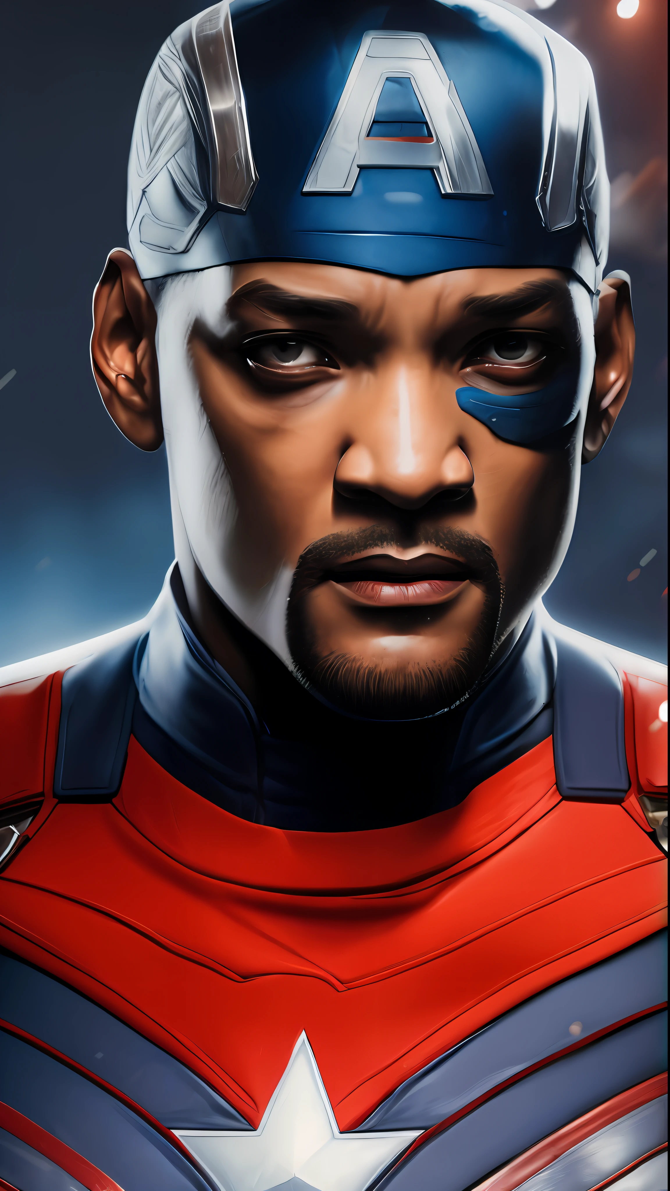 . Tarantino style Will Smith as Captain America 8k, high definition, detailed face, detailed face, detailed eyes, detailed suit, in style of marvel and dc, hyper-realistic, + cinematic shot + dynamic composition, incredibly detailed, sharpen, details + superb details + evening with light + perfectionism + award winning realism ((moody lighting))