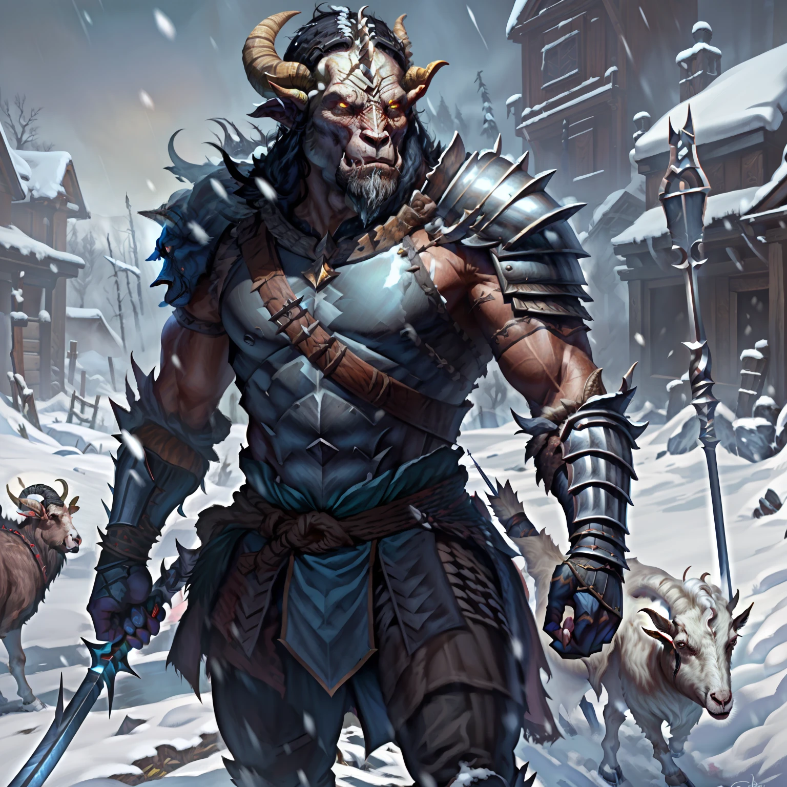 An evil warrior, with goat face, evil face, black goat, villain, strong, large, holding an ordinary spear, sample ?????, breastplate, armor on the arms and legs, half man, half goat, dirty, dark, with details, standing, in the snow, similar to an Orc