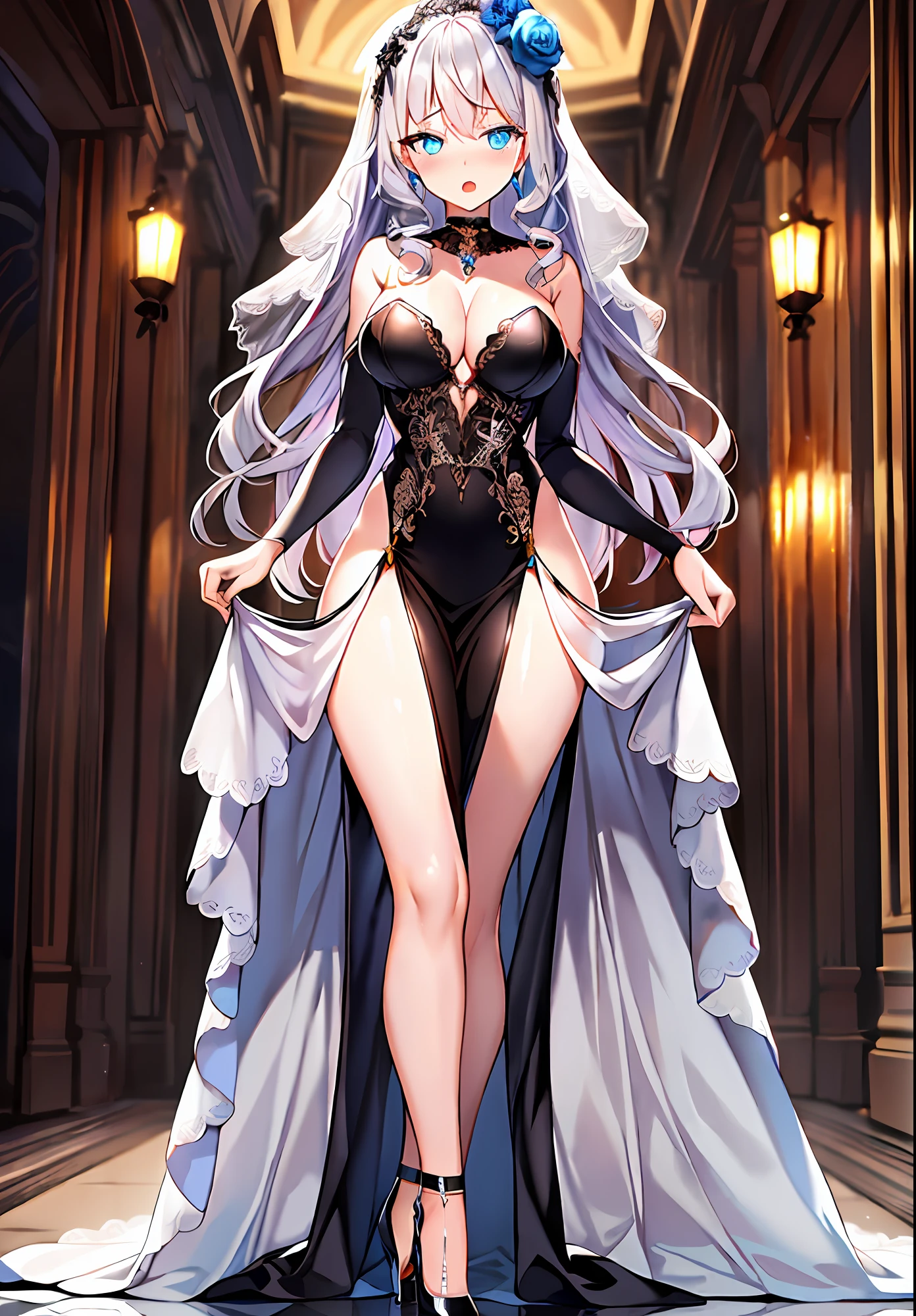 (masterpiece, reflections, atmospheric lighting, dynamic lighting), best quality, 1girl, perfect figure, perfect body, perfect face, dark-silver hair, long luscious curly hair, blue eyes, glowing sky blue eyes, delicate fingers, blushing, shy, embarrassed, lewd, open mouth, void black crown, jewel crown, black dress, strapless dress, slit leg dress, wedding dress, evening dress, lingerie dress, black high heels