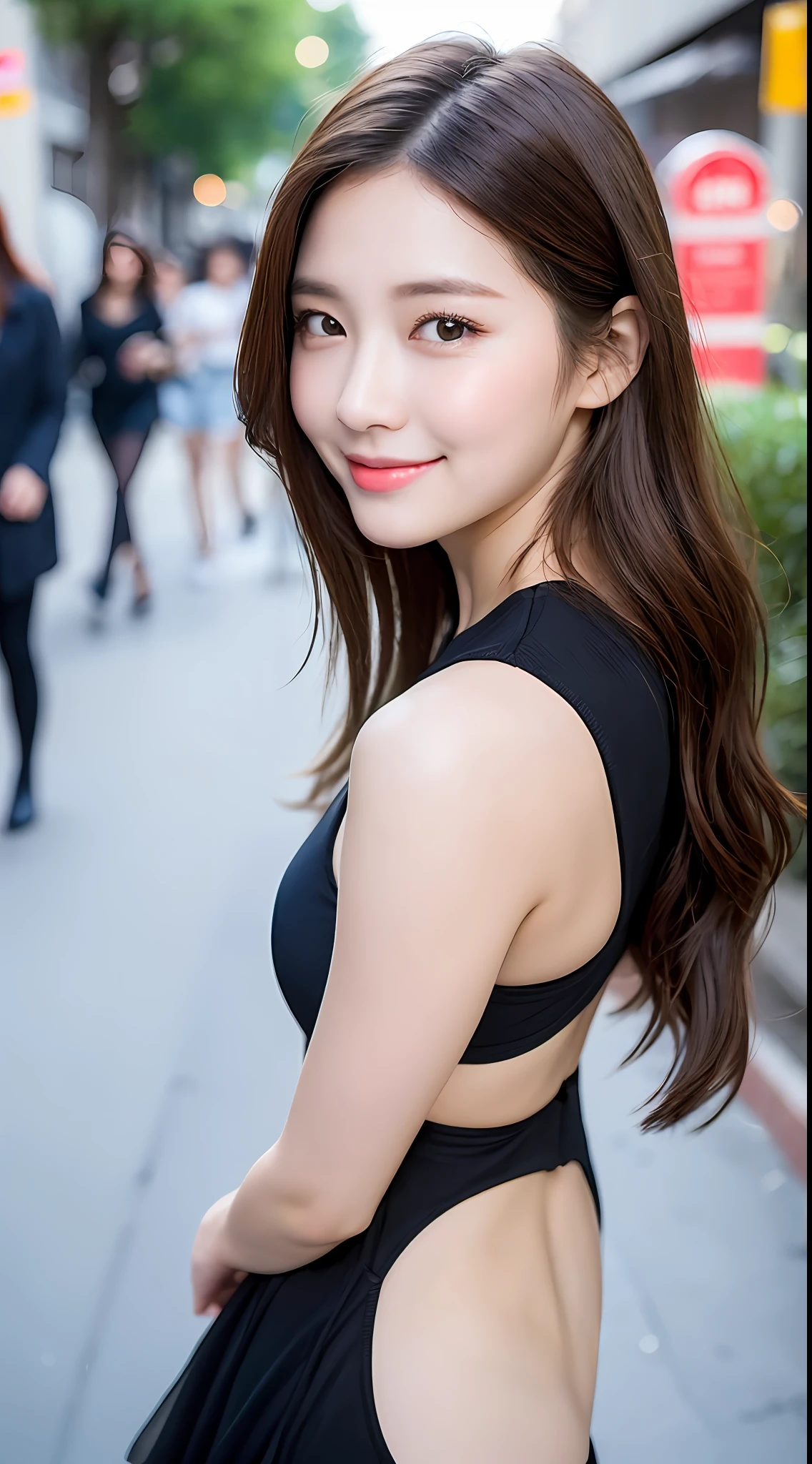((best qualitiy,8k,杰作:1.3)), 1girls, Smile with, s whole body, Slim Faces, Beautiful woman, (darkbrown hair), T shir :1.1, Super detailed face, Detailed eyes, Double eyelid, blur backgroun, Slim Faces, jiji, outside, streets,
