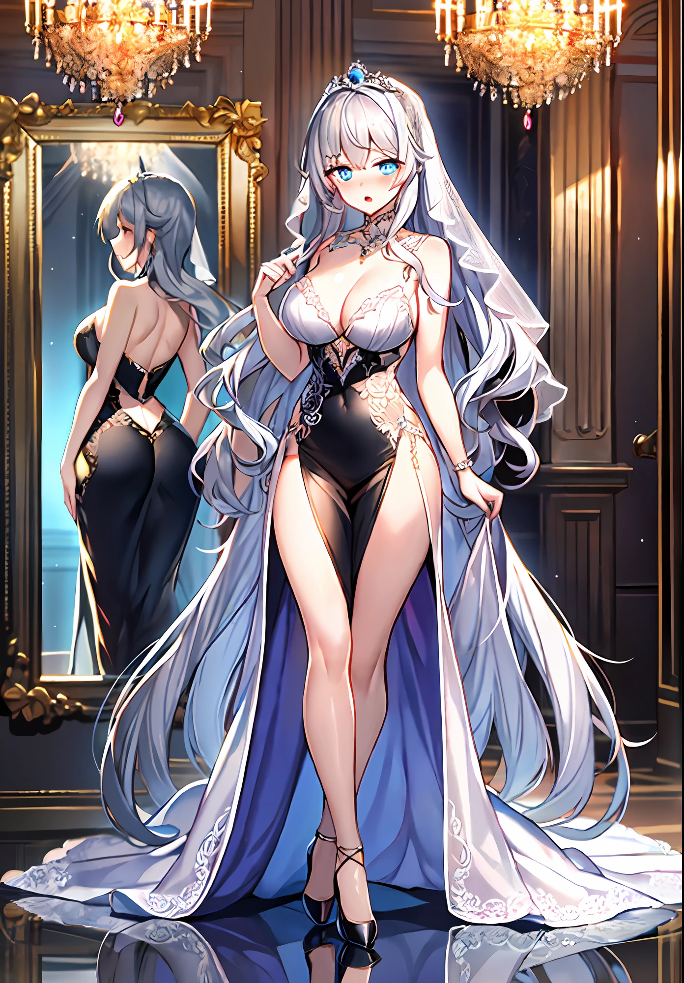 (masterpiece, reflections, atmospheric lighting, dynamic lighting), best quality, 1girl, perfect figure, perfect body, perfect face, dark-silver hair, long luscious curly hair, blue eyes, glowing sky blue eyes, delicate fingers, blushing, shy, embarrassed, lewd, open mouth, void black crown, jewel crown, black dress, strapless dress, slit leg dress, wedding dress, evening dress, lingerie dress, black high heels