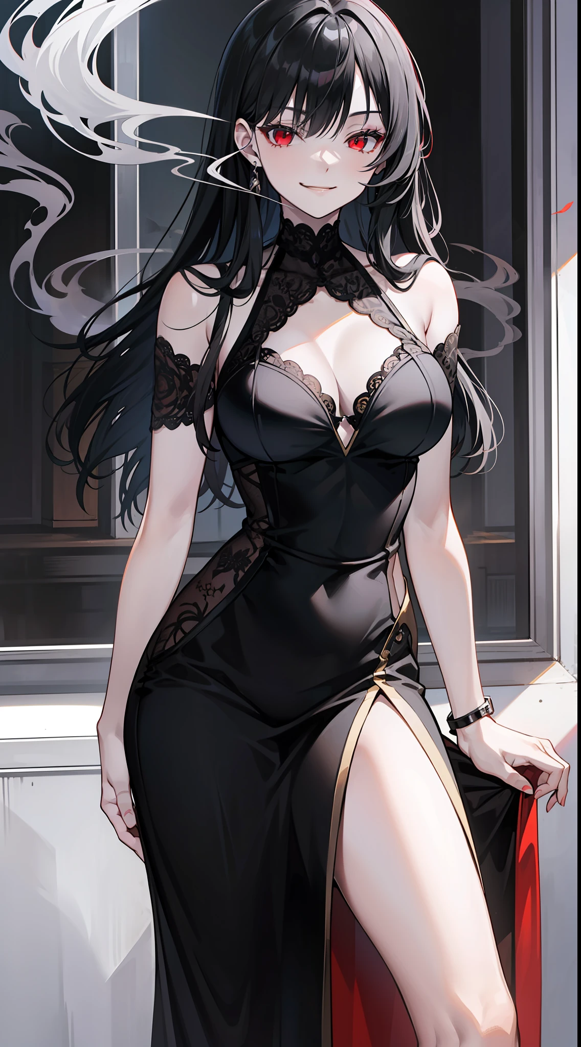 Adult gray woman, long black hair, red eyes, gray skin, Rich black dress, smirk, Smoke, The Masterpiece, hig quality