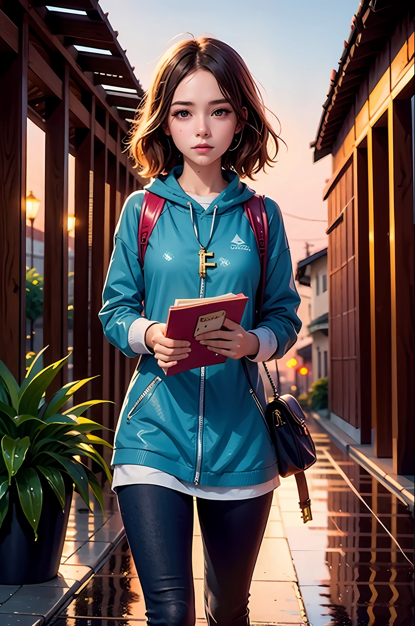 1girl, Post-Impressionism, anime key visual, landscape of a Wet city and biophilic Tanzanian Bridge, at Twilight, Sketch, hair light, hearthstone artwork, cinematic, unreal engine, book cover