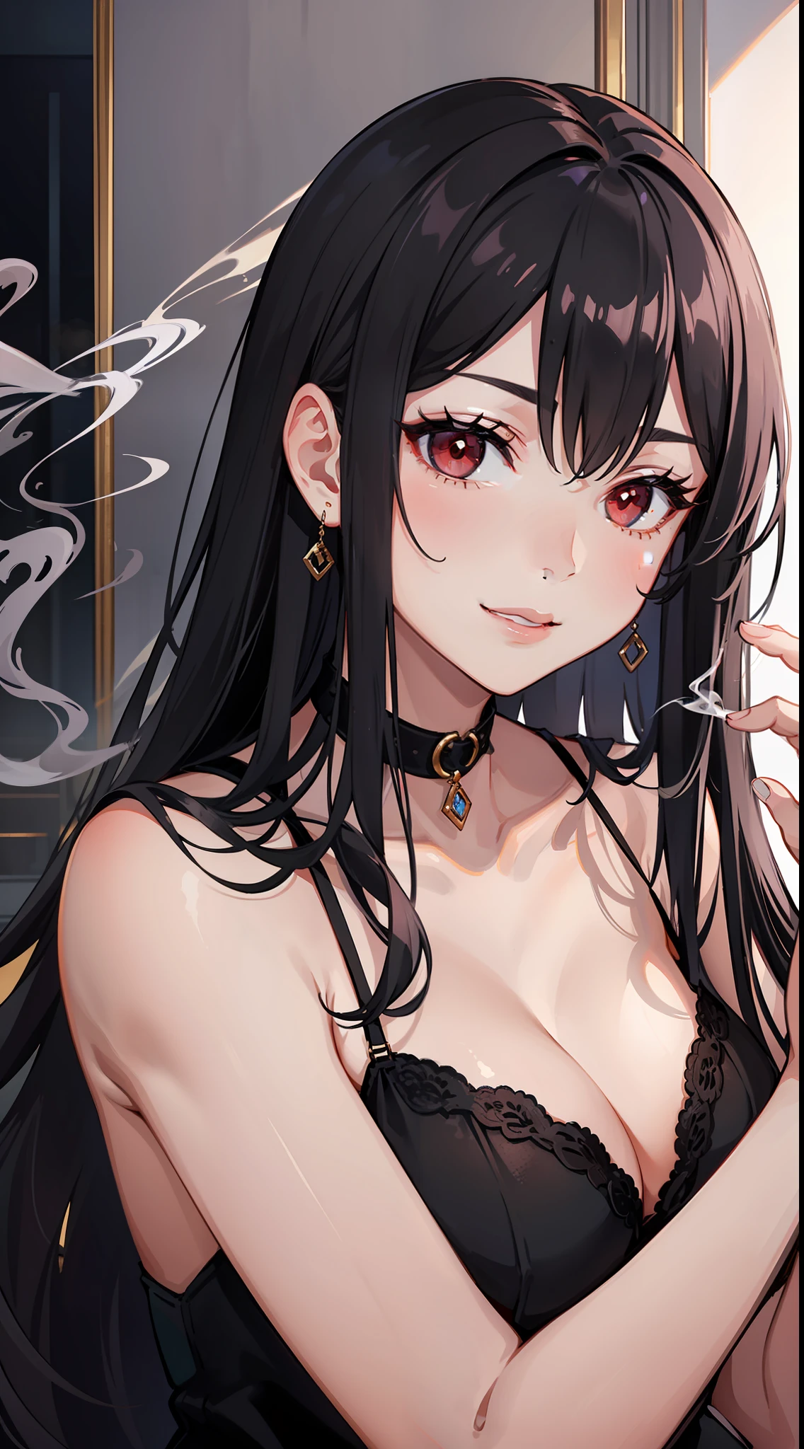 Adult gray woman, long black hair, red eyes, gray skin, Rich black dress, smirk, Smoke, The Masterpiece, hig quality