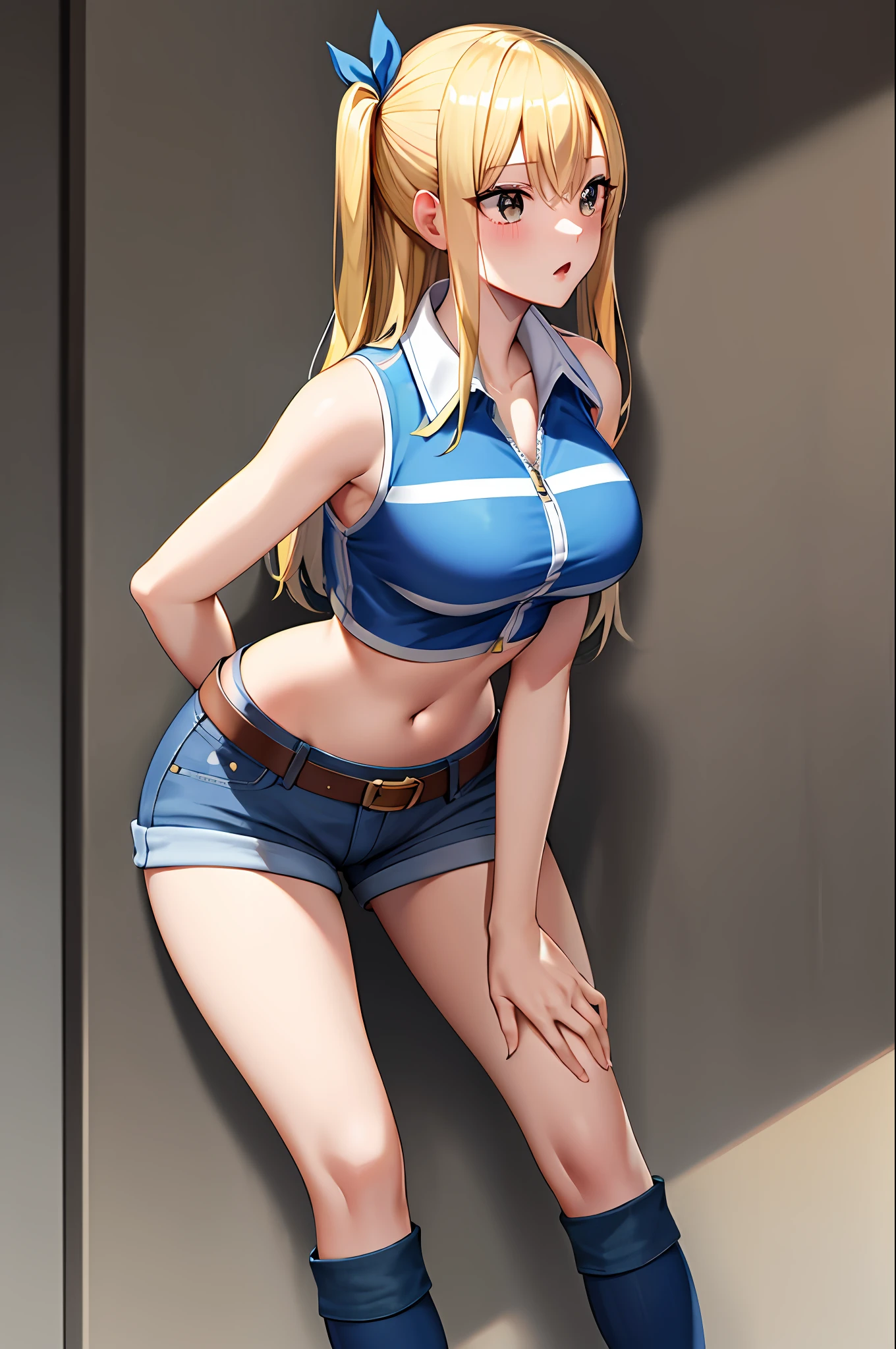 masterpiece, best quality, highres, lucy heartfilia, blonde hair, long hair, large breasts, white crop top, sleeveless, belt, jeans,denim shorts,Jacket,Navel,cowboy shot, standing, leaning forward