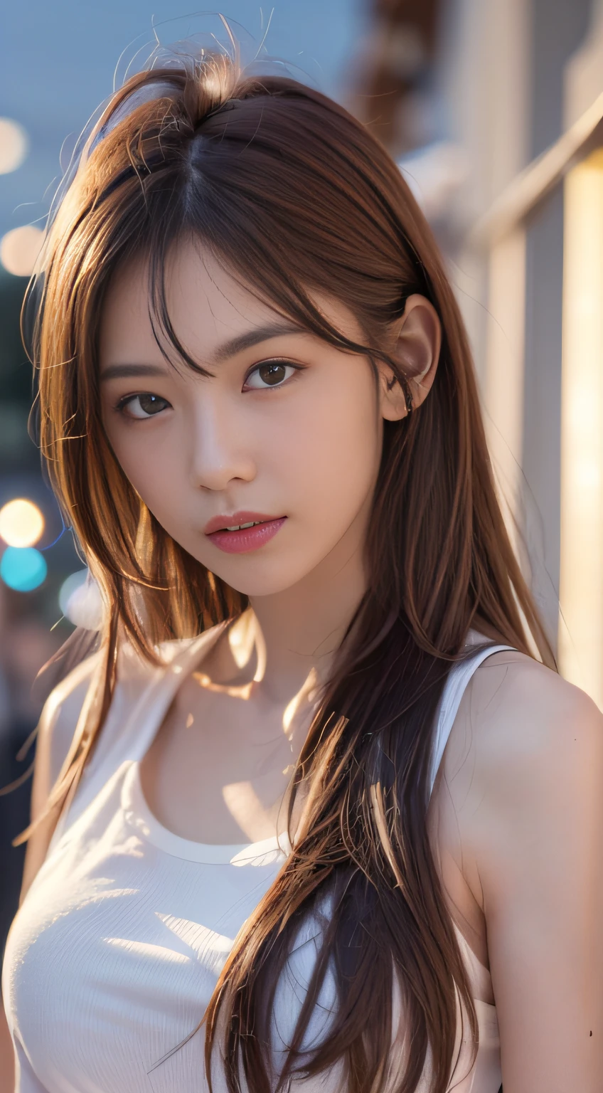 ((Realistic lighting、beste Quality、8K、Master Masterpiece:1.3))、Clear focus:1.2、a 1 girl、Perfect Body Beauty:1.4、Slim abs:1.1、s whole body、((darkbrown hair、a large breast:1.3))、(Acceleration:1.4)、(al fresco、Night:1.1)、View of Waikiki Beach、Slender face、Fine eyes、Double eyelidd、poses of fashion models、Floating hair、T‐shirt、Pendants、