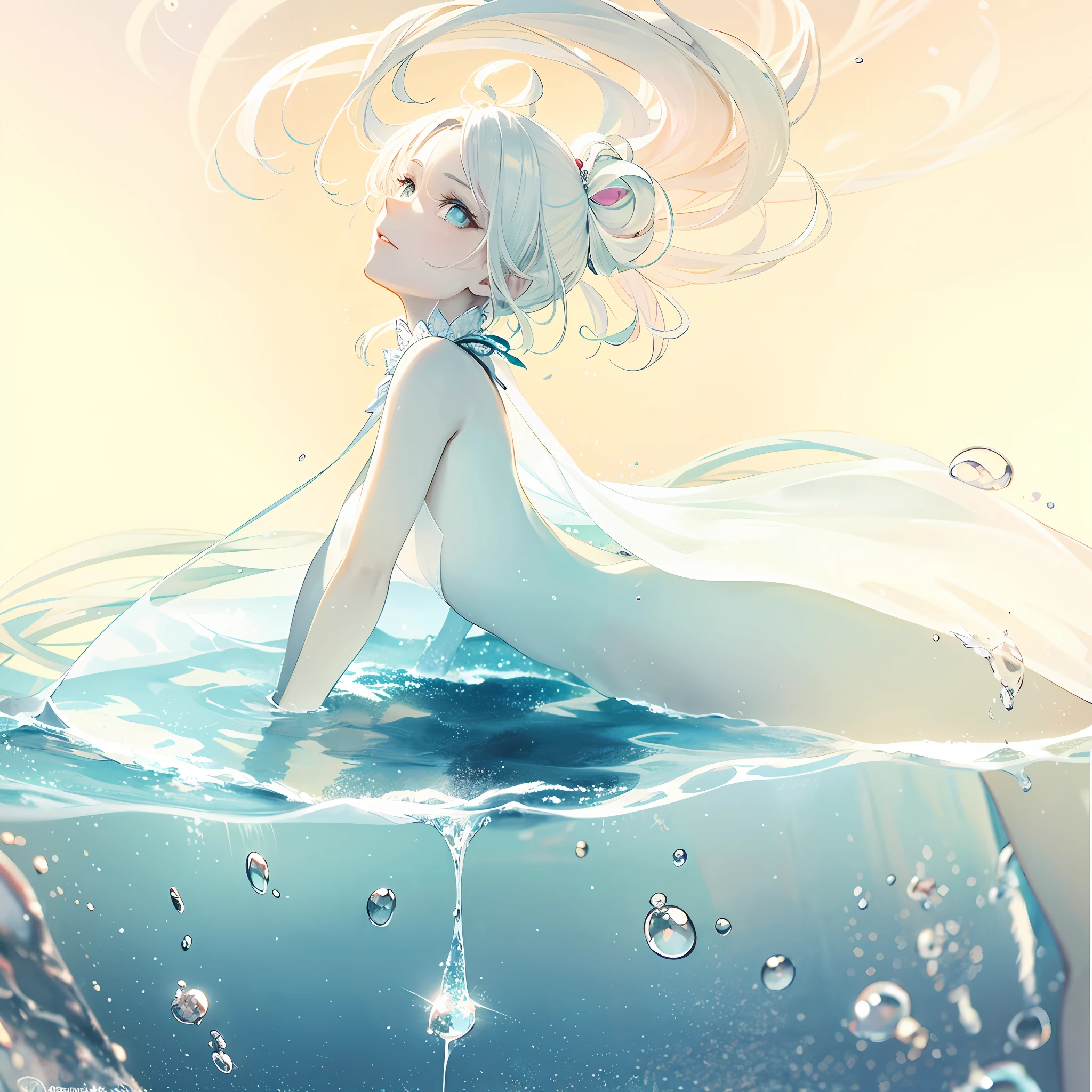 A falling drop turns into a woman.A water fairy appears in a pool of clear water where drops are falling.Fine brush, rough, detailed watercolor, soft and fantastic, pastel, fluffy, Vermeer,(masterpiece, best quality), (finely detailed beautiful eyes), (finely detailed eyes and detailed face), (scenery), (ultra-detailed, best shadow), ((depth of field)), beautiful concept illustration, (illustration), (extremely fine and beautiful), (perfect details)