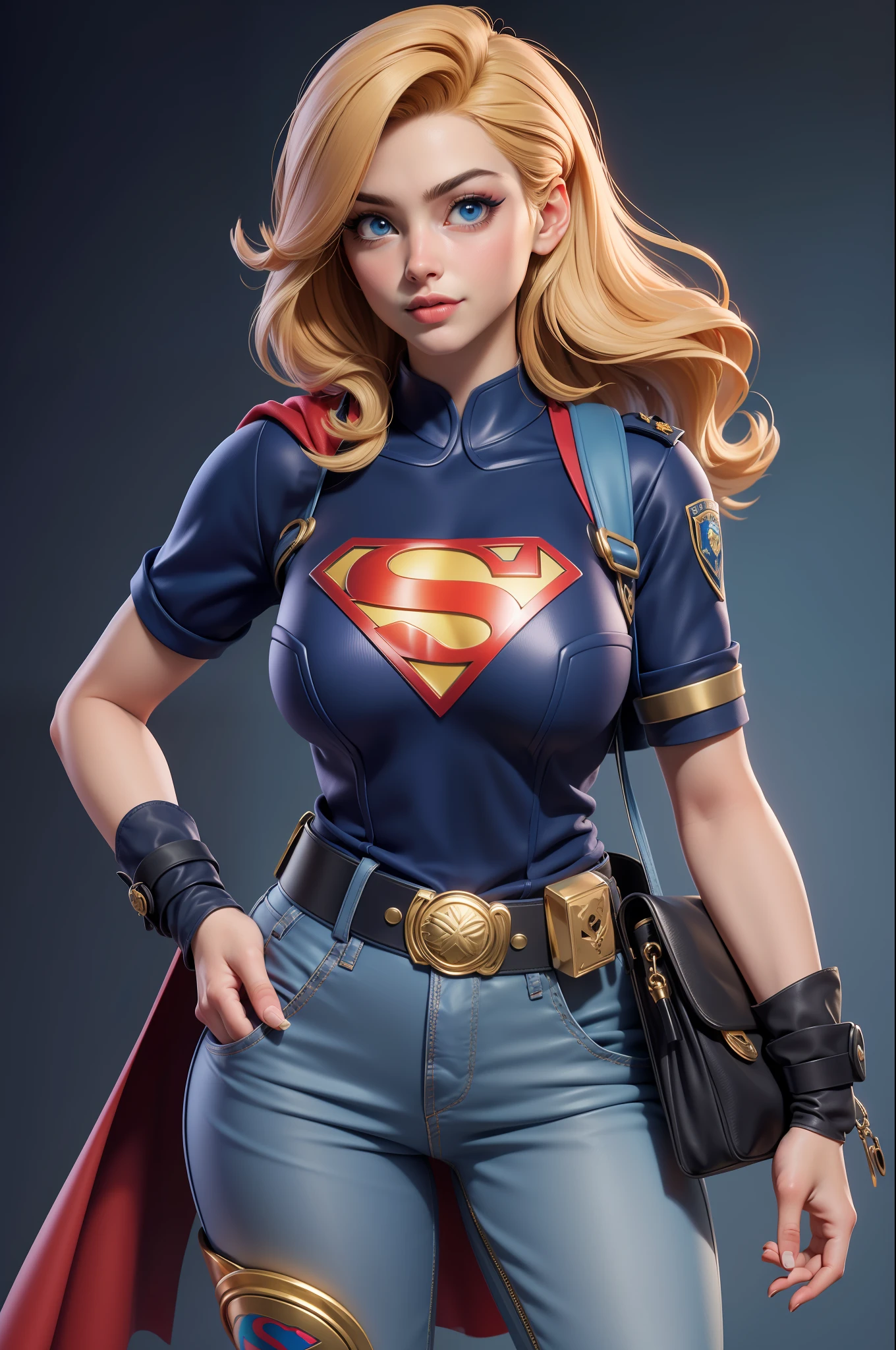 Estilo 3DMM,(Masterpiece, Qualidade Superior, melhor qualidade, cabelos loiro longos, Realistic, 1Menina, 20 anos, garota, melhor qualidade, detalhes intrincados, Olhando para o Viewer, ultra realista 8k CG, imagem rosto perfeito, Impeccable, limpo, Masterpiece, arte profissional, obras de arte famosas, film lighting, filme Bloom, rosto perfeito, beautiful face, Olhos azuis bonitos, blue police uniform Short-sleeved Supergirl, design ajustado, com letra S do superman
no peito, gold trim, brass buttons, peito duplo, gola alta , faixa preta e dourada, luvas de couro pretas, police badge, utility belt with pockets, algema, ammo, blue pants, botas de couro pretas, detalhes dourados,
