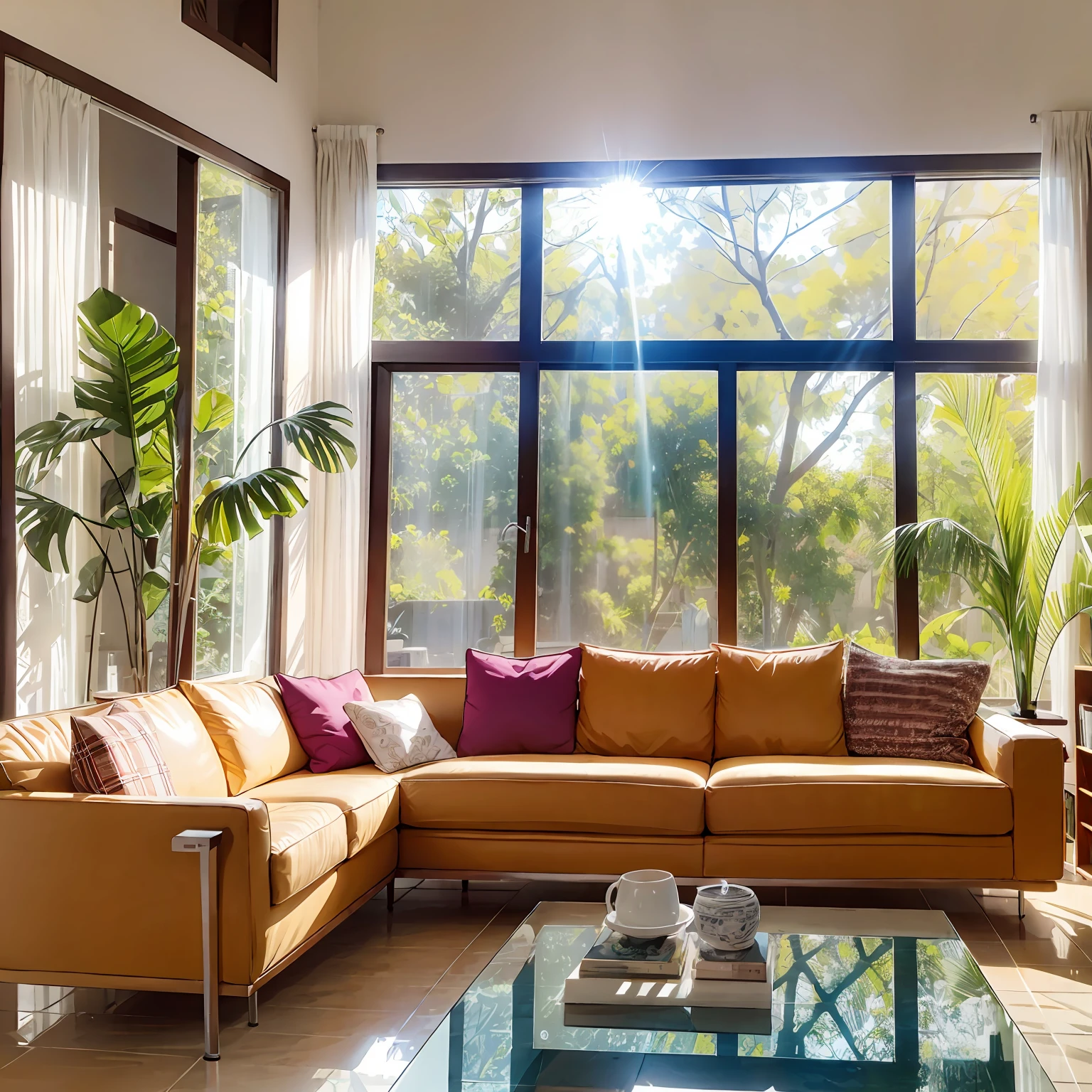 Parlor，Yellow sofa，Large floor-to-ceiling windows，Greenery --auto