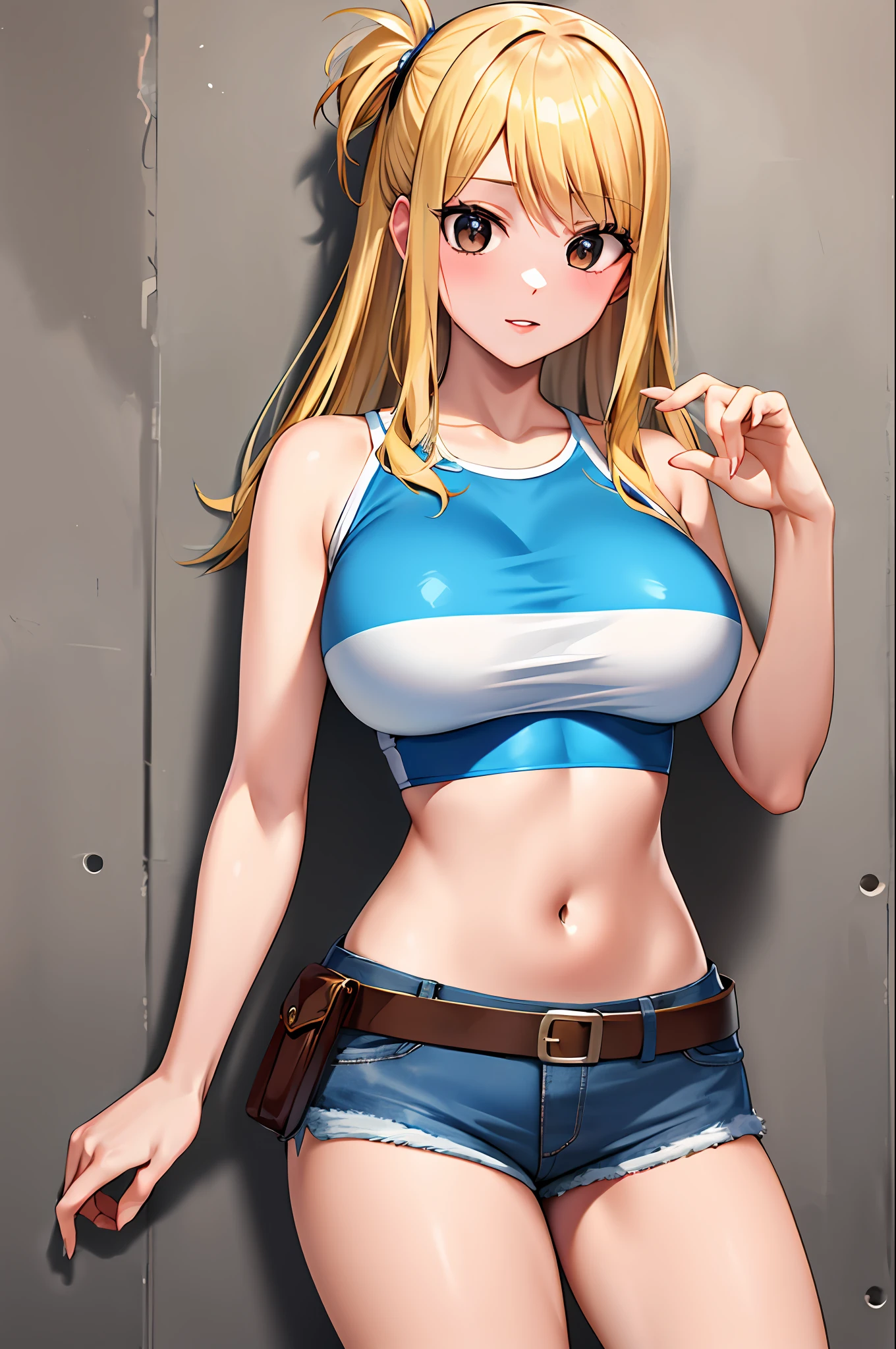 masterpiece, best quality, highres, lucy heartfilia, blonde hair, long hair, large breasts, white crop top, sleeveless, belt, jeans,denim shorts,Jacket,Navel,cowboy shot, standing,