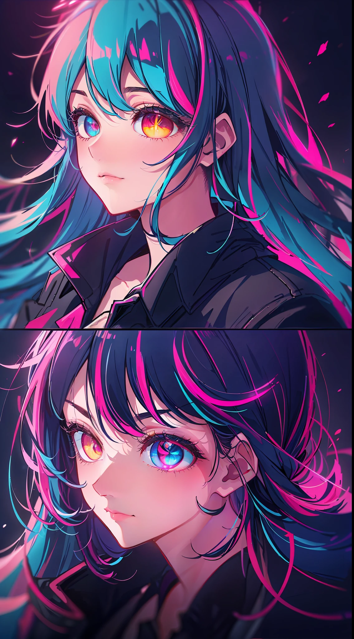 Masterpieces: 1.3), (Beautiful: 1.2), (Best Quality: 1.2), (Details: 1.2), (Official Art: 1.2), (Beautiful Eyes, Glowing Eyes, Heterochromia: 1.5), Solo, 1girl, (Iridescent Hair, Colorful Hair, Half Blue and Half Pink Hair: 1.2) Shiny Hair, Blushing, Embarrassing, (Angel Halo: 1.3), Dynamic Pose, Wearing a Black Business Suit, Best Detail, Bright Eyes, Medium Bright, Neon Cold Lighting, Retro Future, Vaporwave,