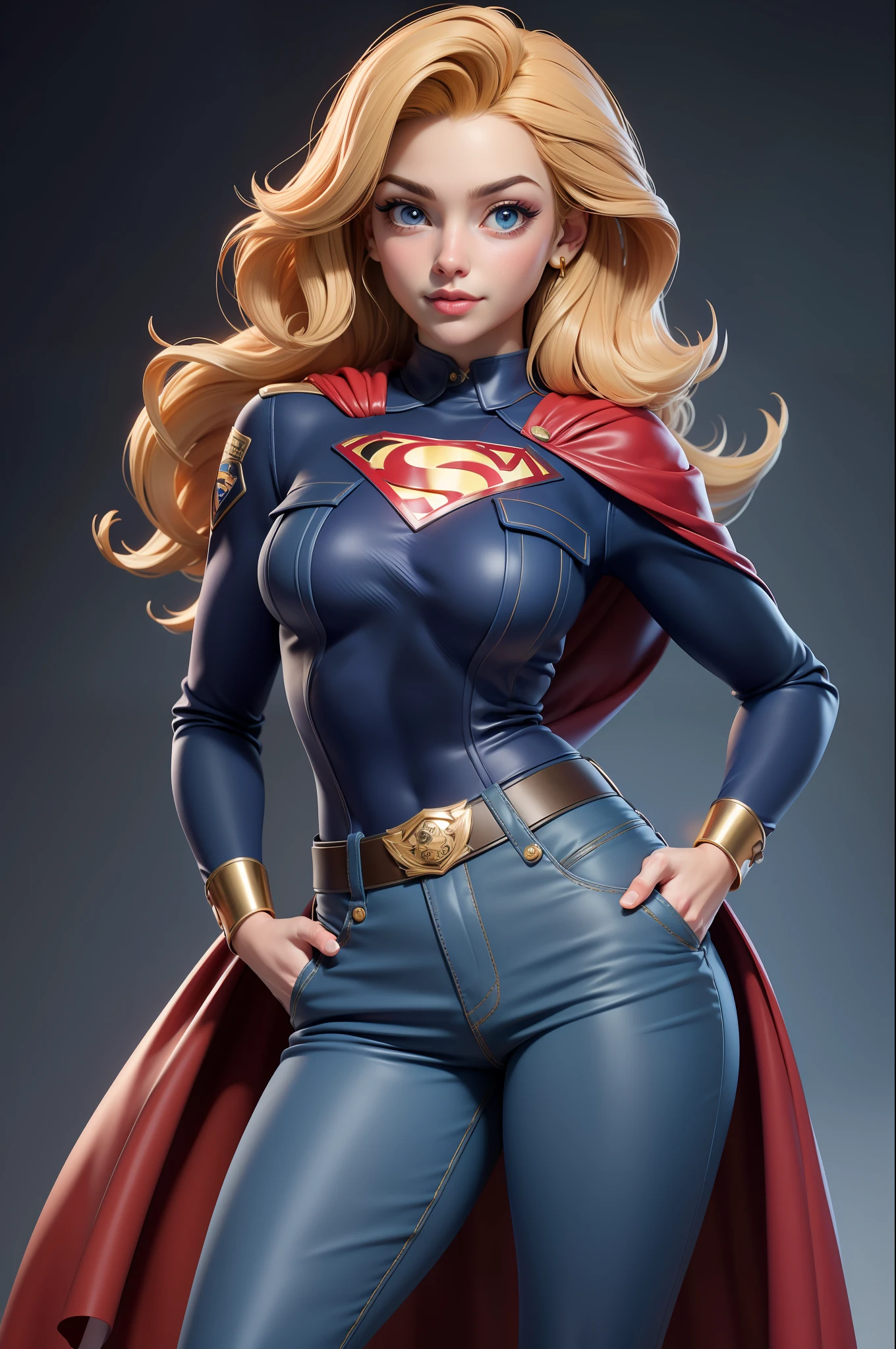 Estilo 3DMM,(Masterpiece, Qualidade Superior, melhor qualidade, cabelos loiro longos, Realistic, 1Menina, 20 anos, garota, melhor qualidade, detalhes intrincados, Olhando para o Viewer, ultra realista 8k CG, imagem rosto perfeito, Impeccable, limpo, Masterpiece, arte profissional, obras de arte famosas, film lighting, filme Bloom, rosto perfeito, beautiful face, Olhos azuis bonitos, blue police uniform Short-sleeved Supergirl, design ajustado, com letra S do superman 
no peito, gold trim, brass buttons, peito duplo, gola alta , faixa preta e dourada, luvas de couro pretas, police badge, utility belt with pockets, algema, ammo, blue pants, botas de couro pretas, detalhes dourados,
