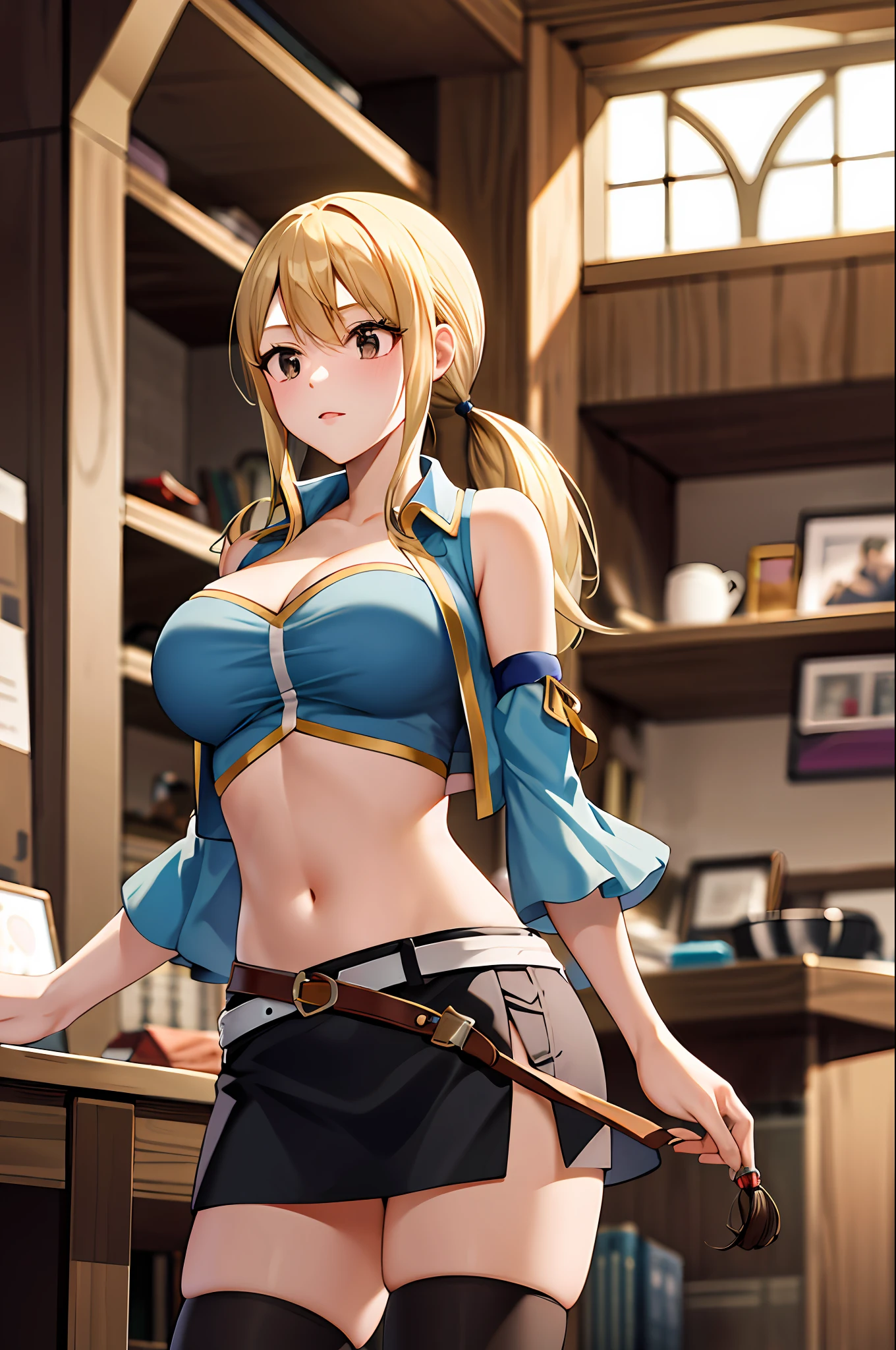 masterpiece, best quality, highres, lucy heartfilia, blonde hair, twintails, large breasts, black thighhighs, detached sleeves, midriff, cropped vest, strapless, belt, black skirt, cowboy shot, indoors, standing,