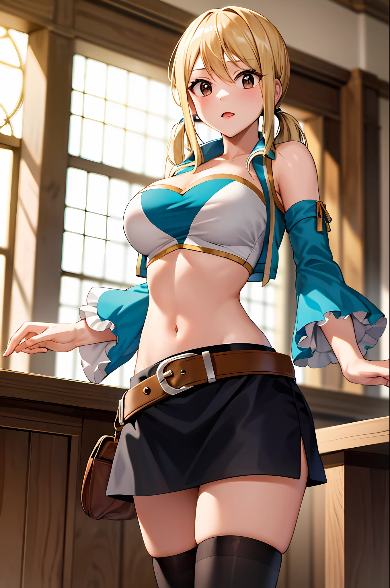 masterpiece, best quality, highres, lucy heartfilia, blonde hair, twintails, large breasts, black thighhighs, detached sleeves, midriff, cropped vest, strapless, belt, black skirt, cowboy shot, indoors, standing,