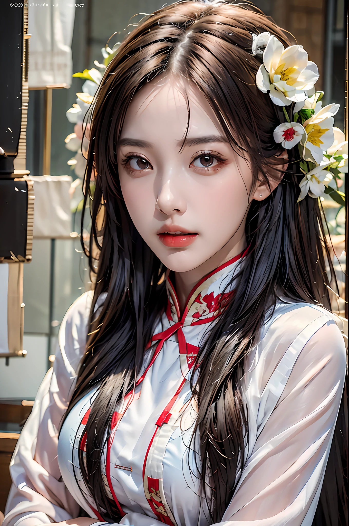 best quality, masterpiece, ultra-detailed, detailed light, (RAW photo:1.2), (photorealistic:1.4),(masterpiece:1.3),(best quality:1.4), 1girl, solo, waist up, long hair, dress, aodai, vietnamese traditional clothes